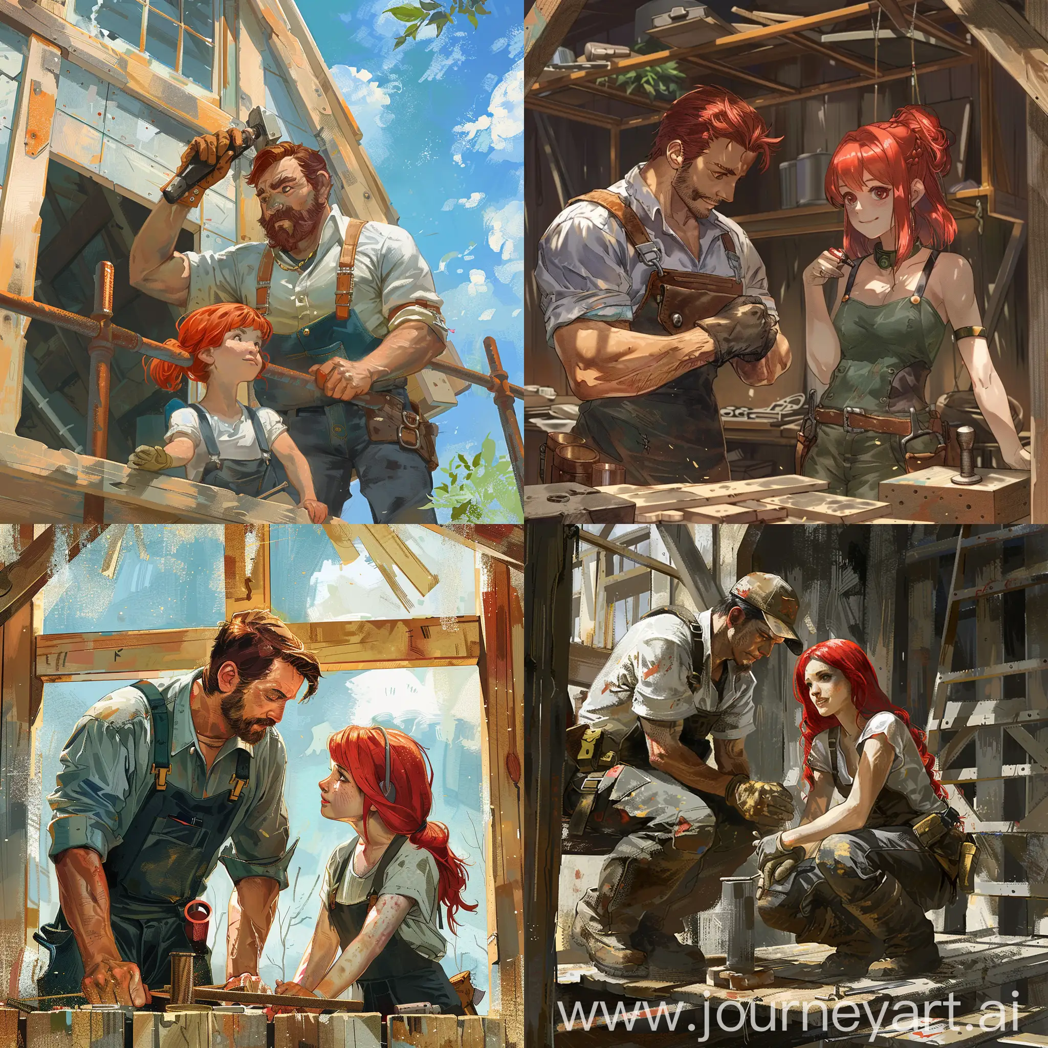 Metalworker-and-RedHaired-Girl-Building-House-Artistic-Collaboration-in-a-Rustic-Setting