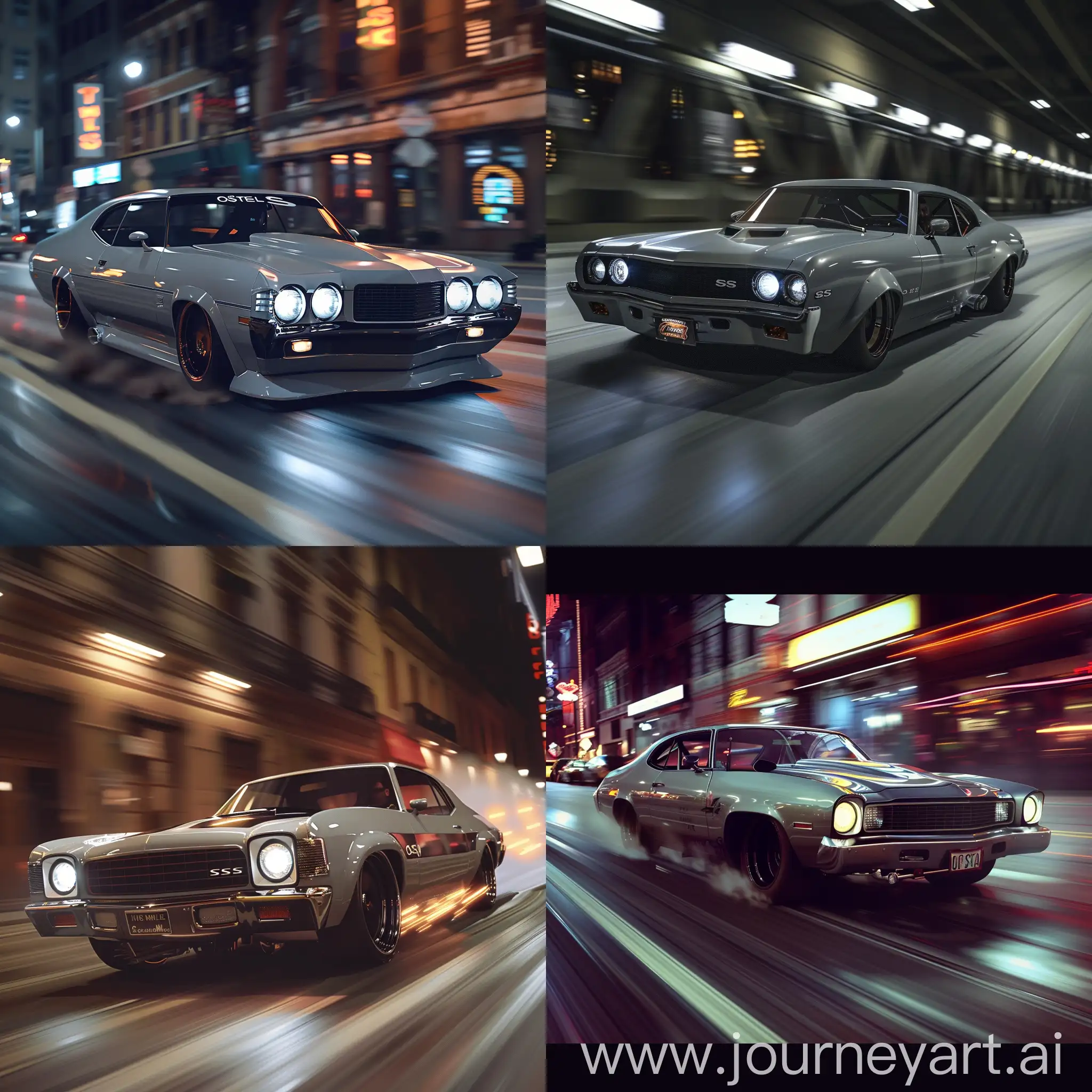 Generate a realistic photo, grey Opala SS 1974, body kit, Black Headlights, Street night time, HIGH SPEED CAMERA HAZE, BLUR, Magazine LUT, HIGH RESOLUTION. DYNAMIC MOVE, LONG EXPOSURE LIGHTS