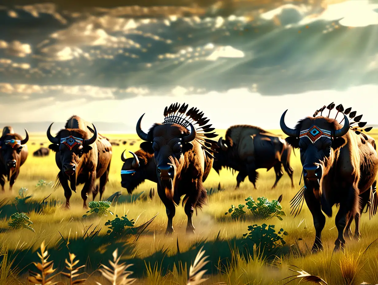 Photographically realistic, high definition, The prairie in the great plains. Hundreds of wild buffaloes passing by, all of them have wings and wear Indian headdress.  