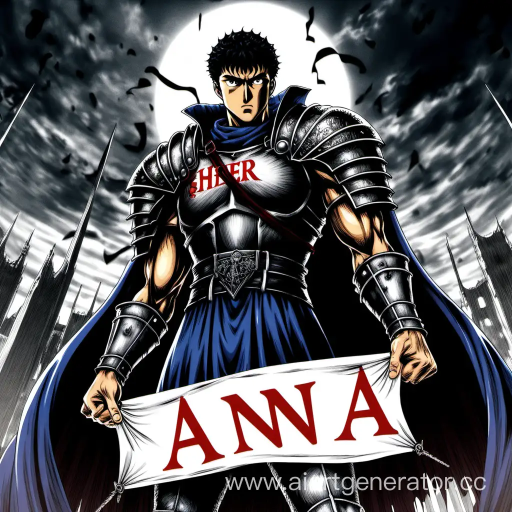 berserk guts looks heroic and holding a banner with his hands that writes ''her anna''
