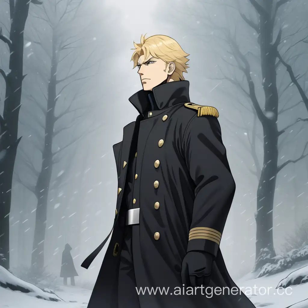 Military general man in a black raincoat with blonde hair stands in the middle of a snowy and foggy forest, detail, anime style