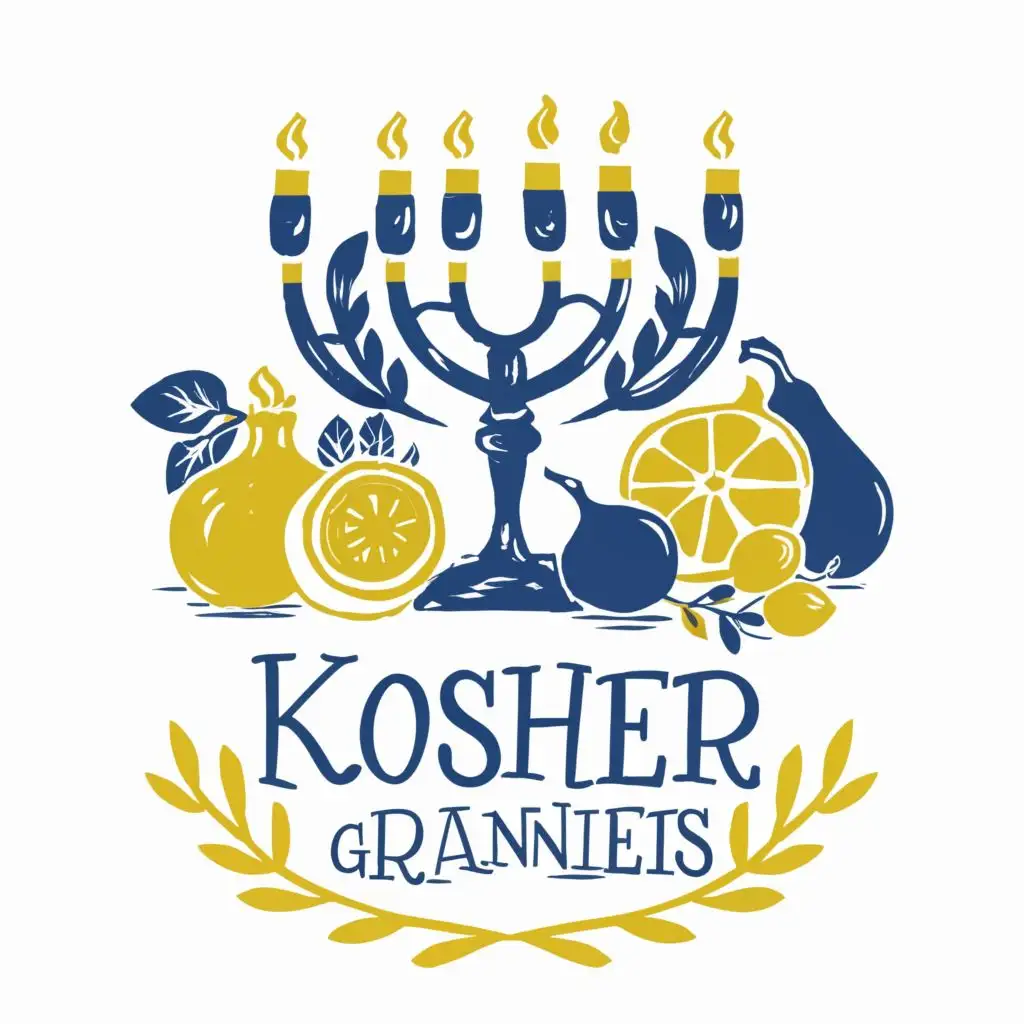 logo, Israel, yellow, blue, white, Menorah with 7 branches, Paul Klee, pomegranate, fig, lemon, olive, star of David, Jerusalem, on table, with the text "Kosher Grannies", typography, be used in the automotive industry