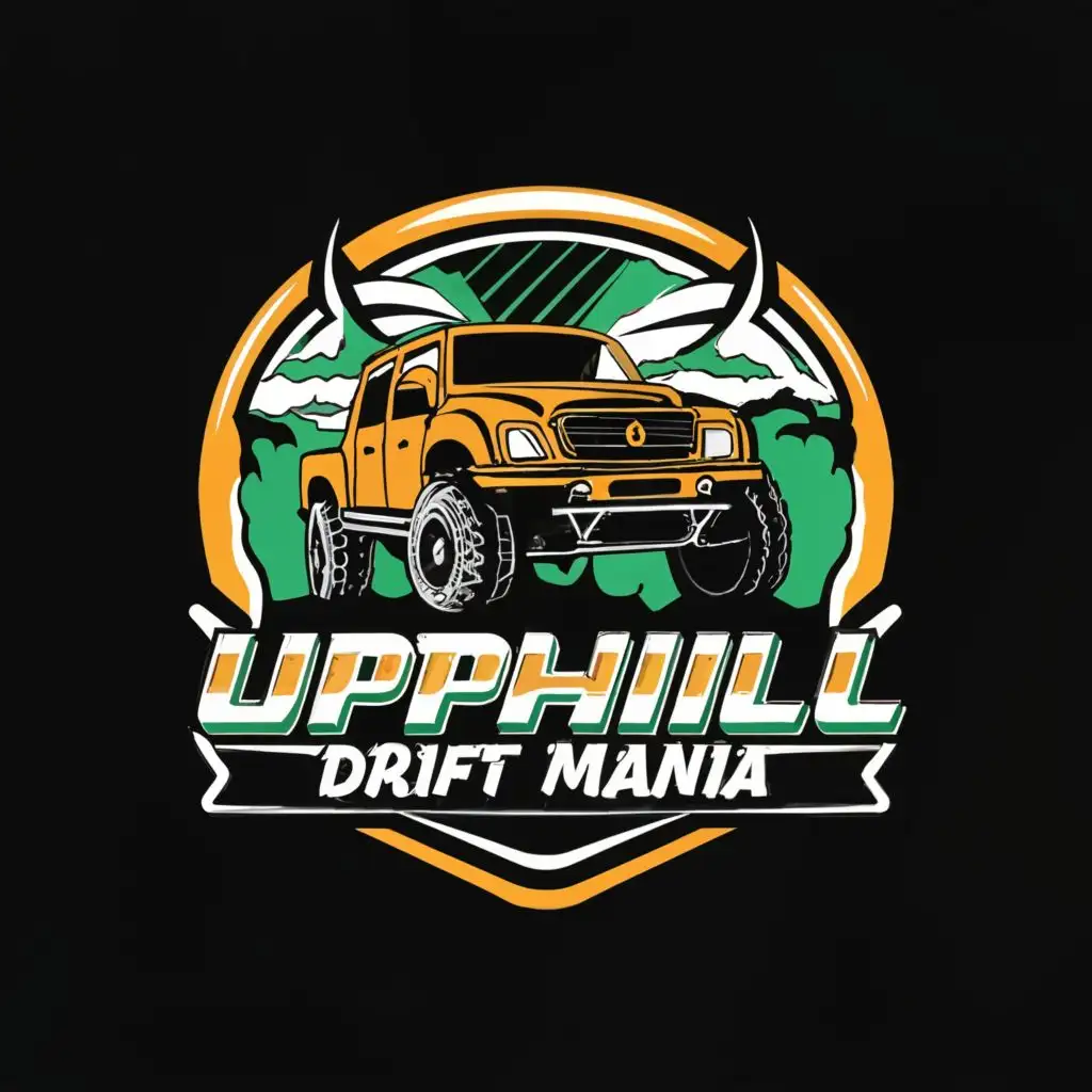 logo, Hill Climb, Car 2D, truck, with the text "Uphill Drift Mania", typography