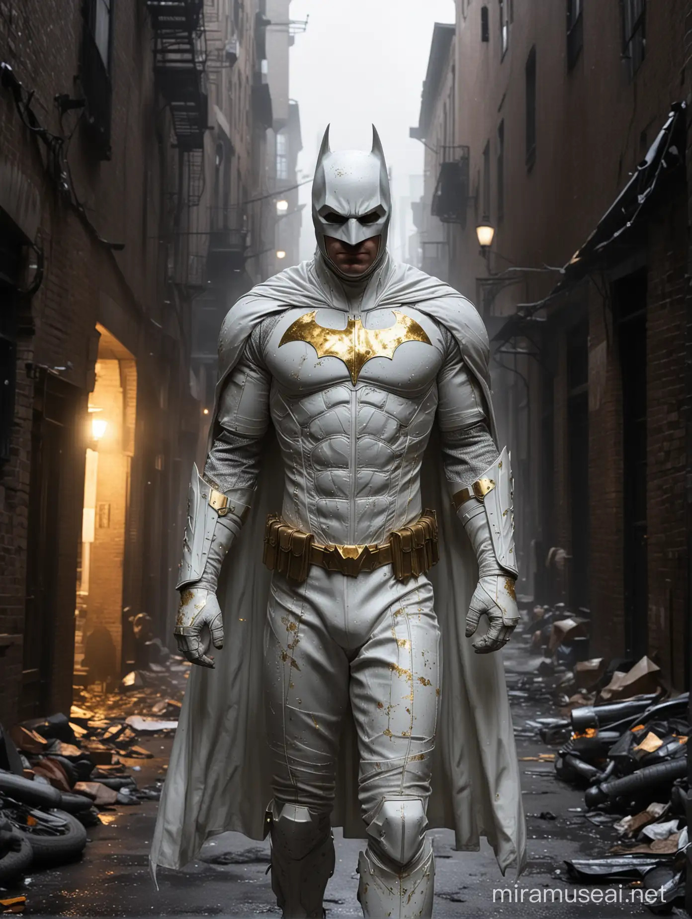 "Midjourney AI delves into the intriguing tale of the Dark Knight, donning a bold new guise in a pristine white costume adorned with golden reflections. This striking ensemble marks a departure from tradition, symbolizing the dawn of a new era for Gotham's protector. Each glimmer of gold on the suit evokes a sense of regal majesty, hinting at the knight's unwavering resolve and commitment to justice. Against the backdrop of Gotham's shadowed alleys, the white-clad vigilante emerges as a beacon of hope, illuminating the darkness with his steadfast determination. Through its narrative, Midjourney AI invites audiences to witness the transformation of the Dark Knight, as he embraces a new identity forged in the crucible of adversity, standing as a symbol of light in a city consumed by shadows."