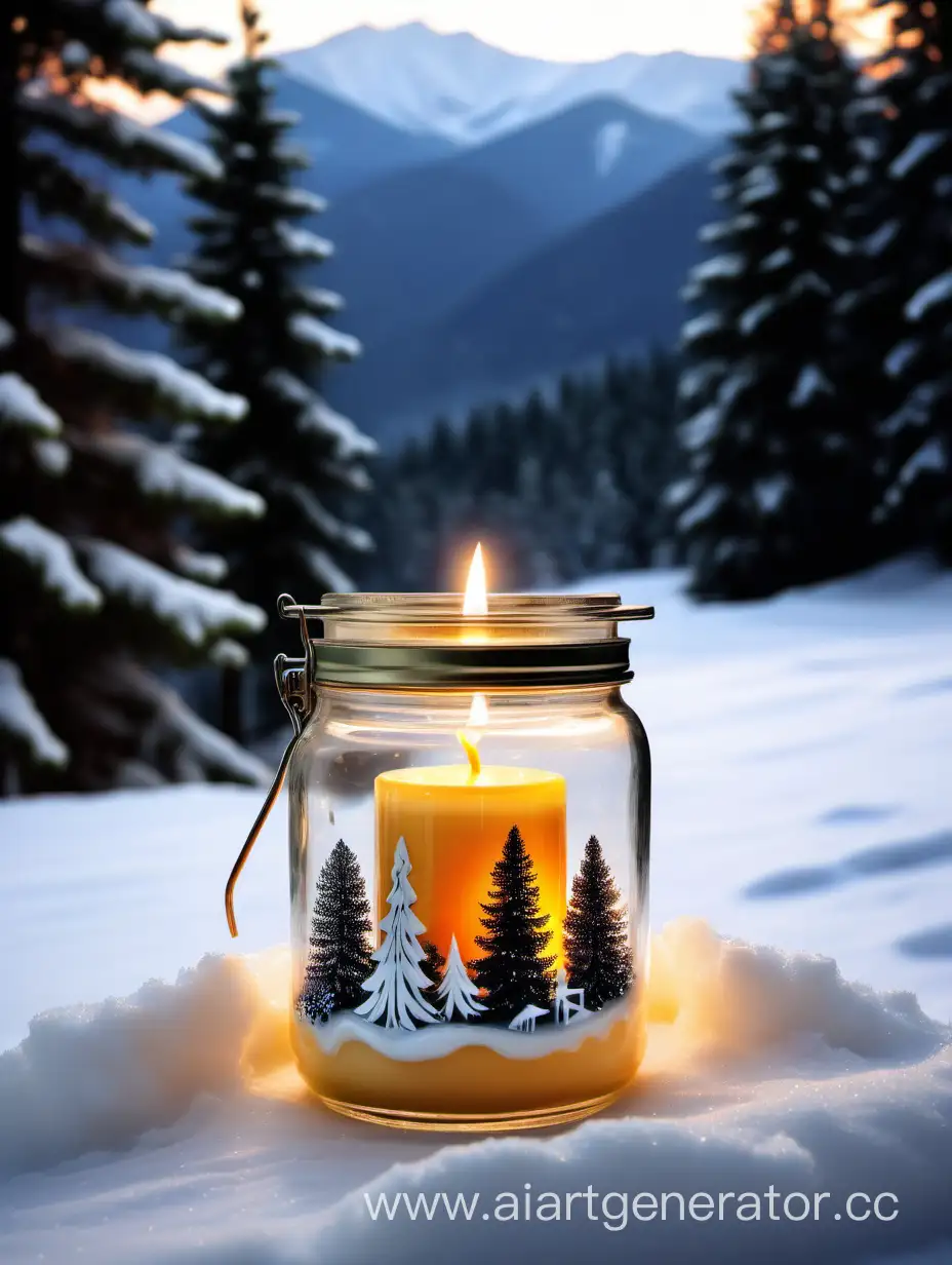 свеча в банке в снегу на фоне гор и хвойного леса