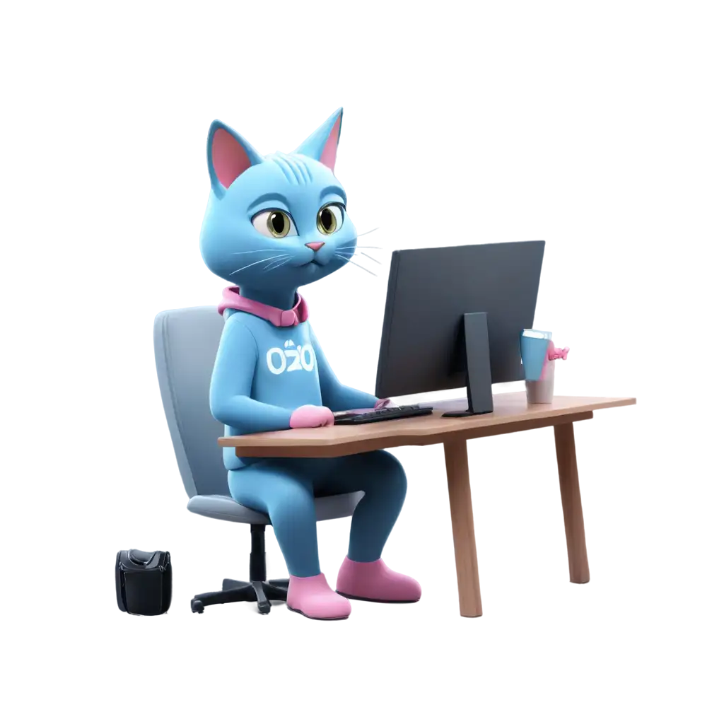 Мультяшный Кот в одежде синий, розовый, голубой с логотипом "ozon", сидит за компьютером и играет