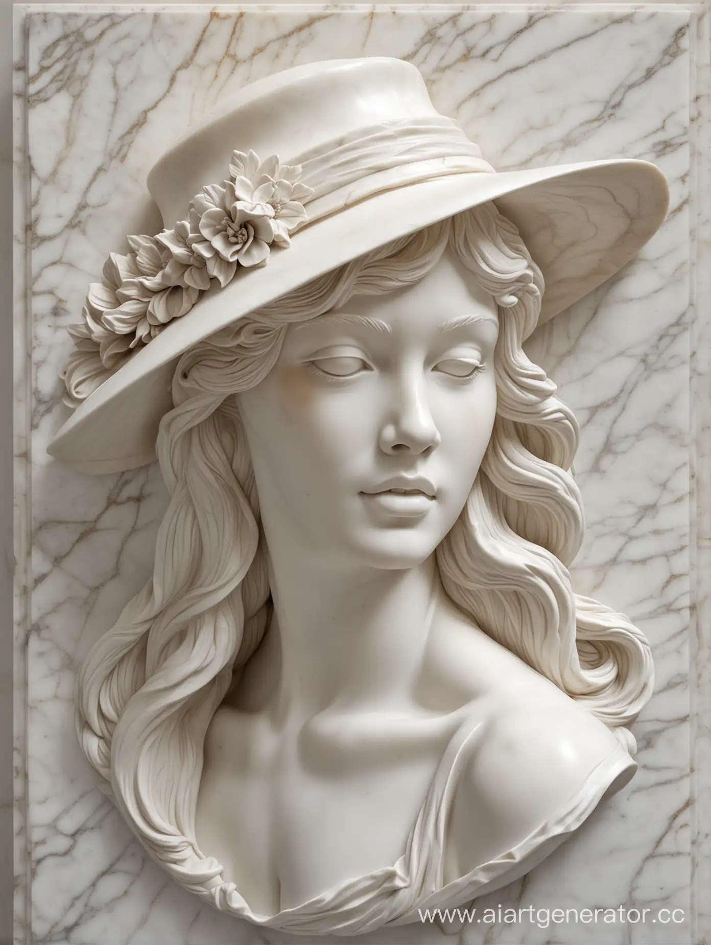 white marble basrelief sculpture of young woman in hat