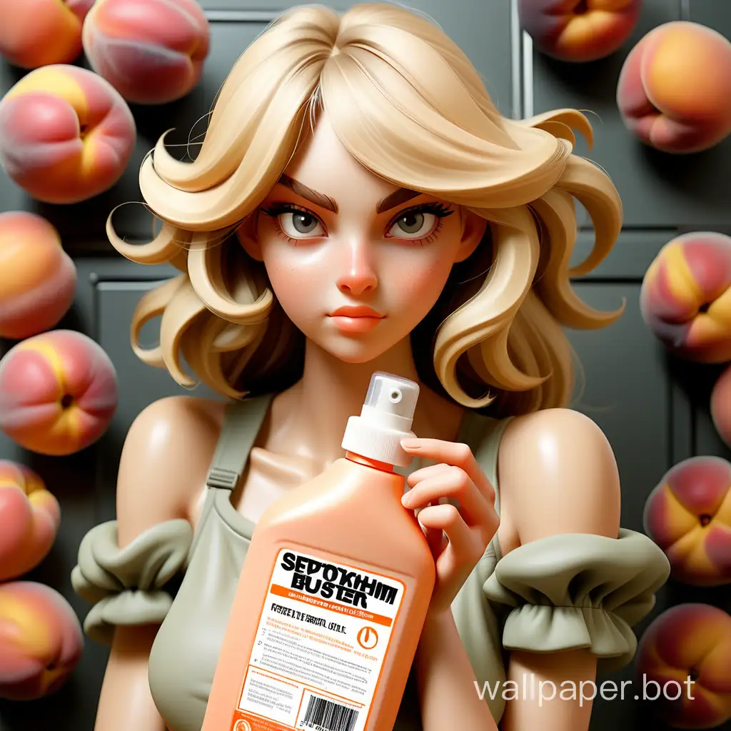 Beautiful blonde girl advertises Trash Buster odor remover, a peach-colored trigger bottle with a label TRASH BUSTER with the scent of peach, surrounded by the fruits of beautiful peaches, the inscription 'Septokhim' on the blonde's clothing