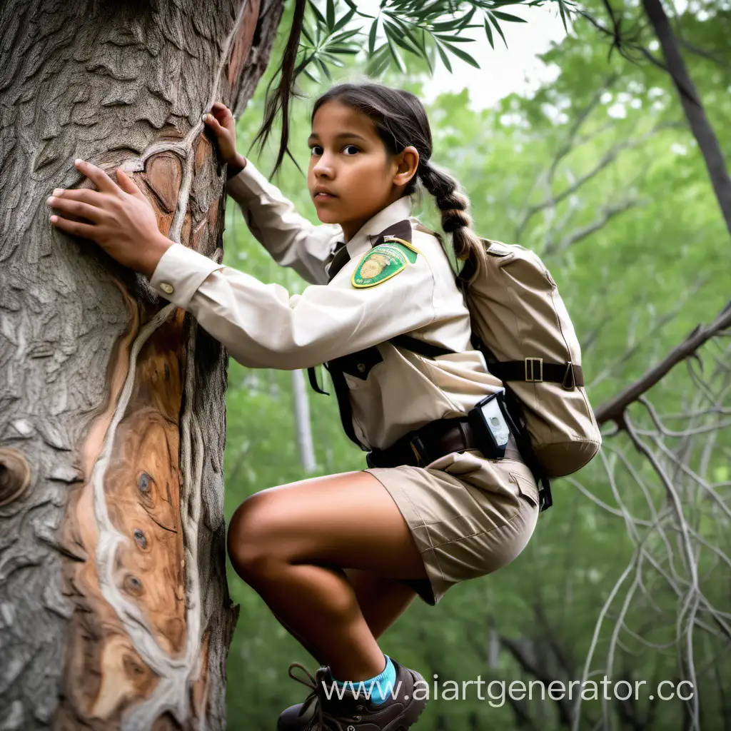 Park ranger girl indigenous in shorts and long sleeves with pigtails climbs a tree