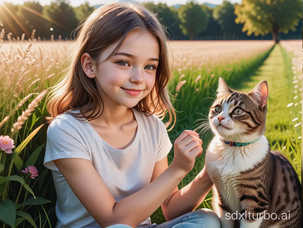 A young girl and a tabby cat, sitting on a sunny meadow, girl on the left, wearing casual summer clothes, smiling and petting the cat's head, cat on the right, looking at the girl with trust, close-up shot, masterpiece, best quality, 4k, photography, soft lighting, detailed faces, detailed fur, peaceful atmosphere, human-animal bond.