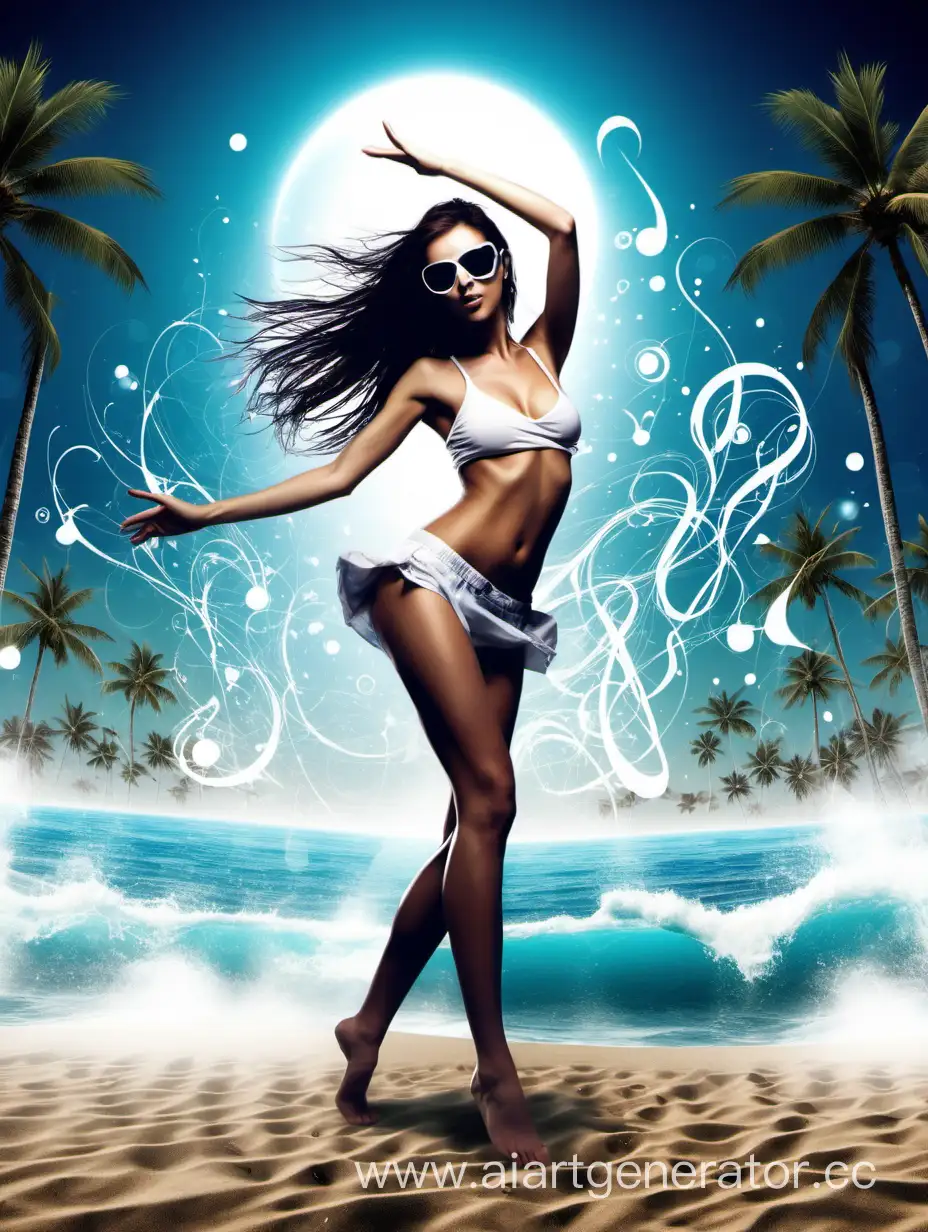 background for flyer, techno music, beach party, ocean view, girl dance