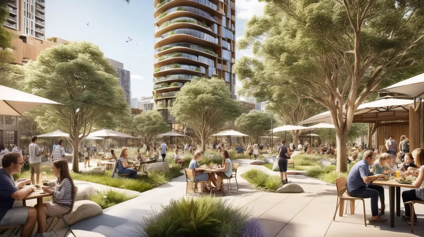 New city Green Square for 30,000 dwellings mixed use parklands generous tree canopy outdoor dining with shade with some tall buildings, Metro Station entry, Some children skipping and playing, Small creek, Sandstone boulders, Early morning, Parrot in tree, Roof garden,
