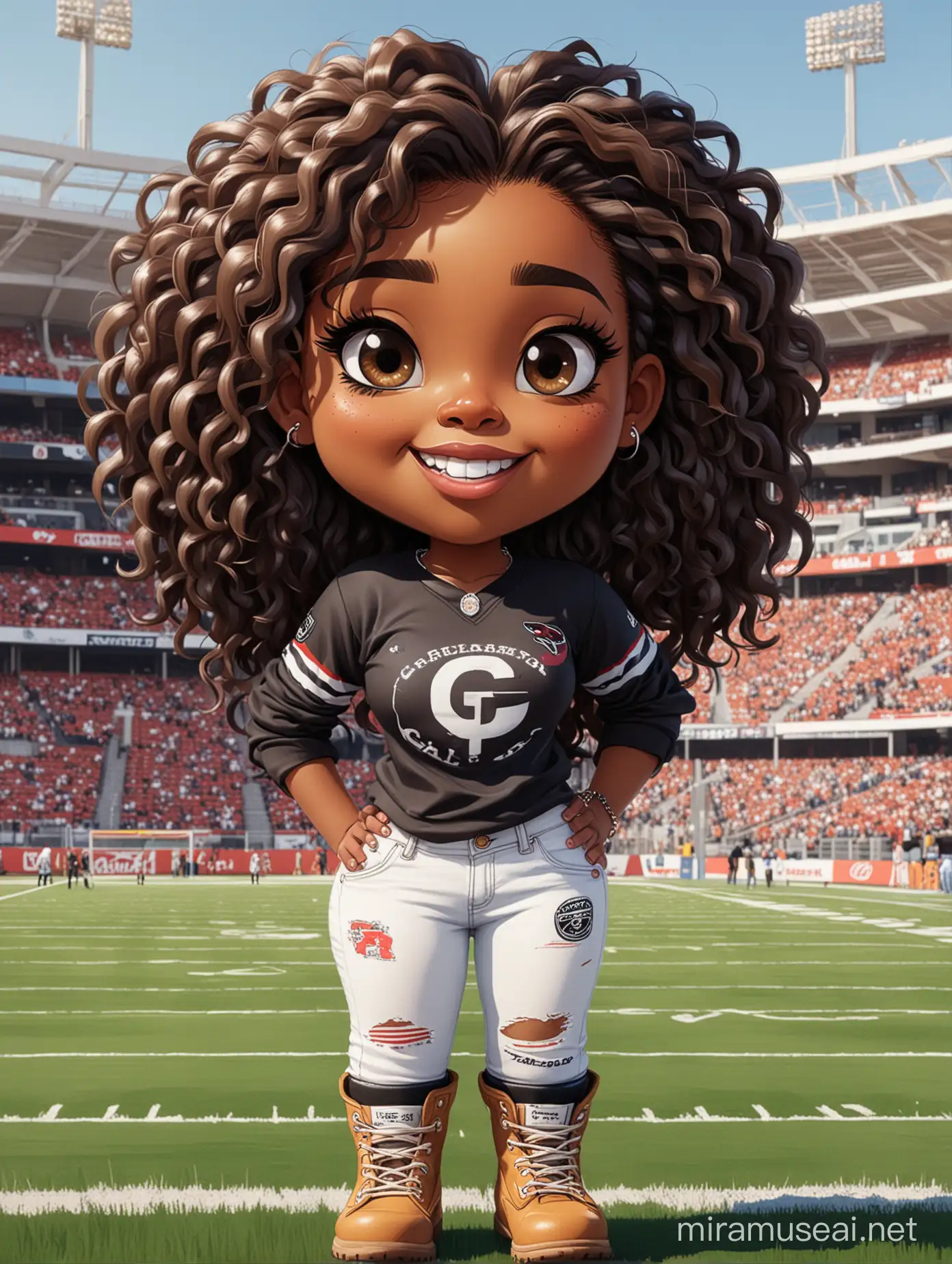 A sassy thick-lined abstract art style cartoon image of a black chibi girl standing in front of a football stadium. She is wearing a Georgia Bulldogs football jersey with tight white jeans and timberland boots. behind her curvy body. Looking up coyly, she grins widely, showing sharp teeth. Her poofy hair forms a mane framing her confident, regal expression. Prominent makeup with hazel eyes. Hair is highly detailed.