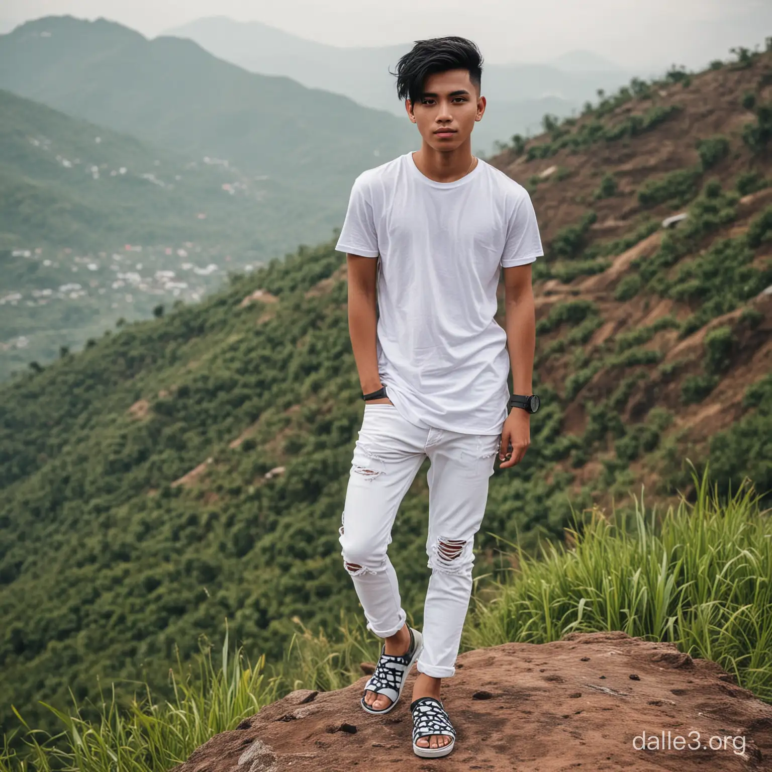 Foto remaja tampan asal indonesia,rambut undercut acak warna hitam,badan agak kurus,mengenakan style kaos,kasual,celana jeans putih,sendal jepit, pose sedang bergaya di atas bukit 