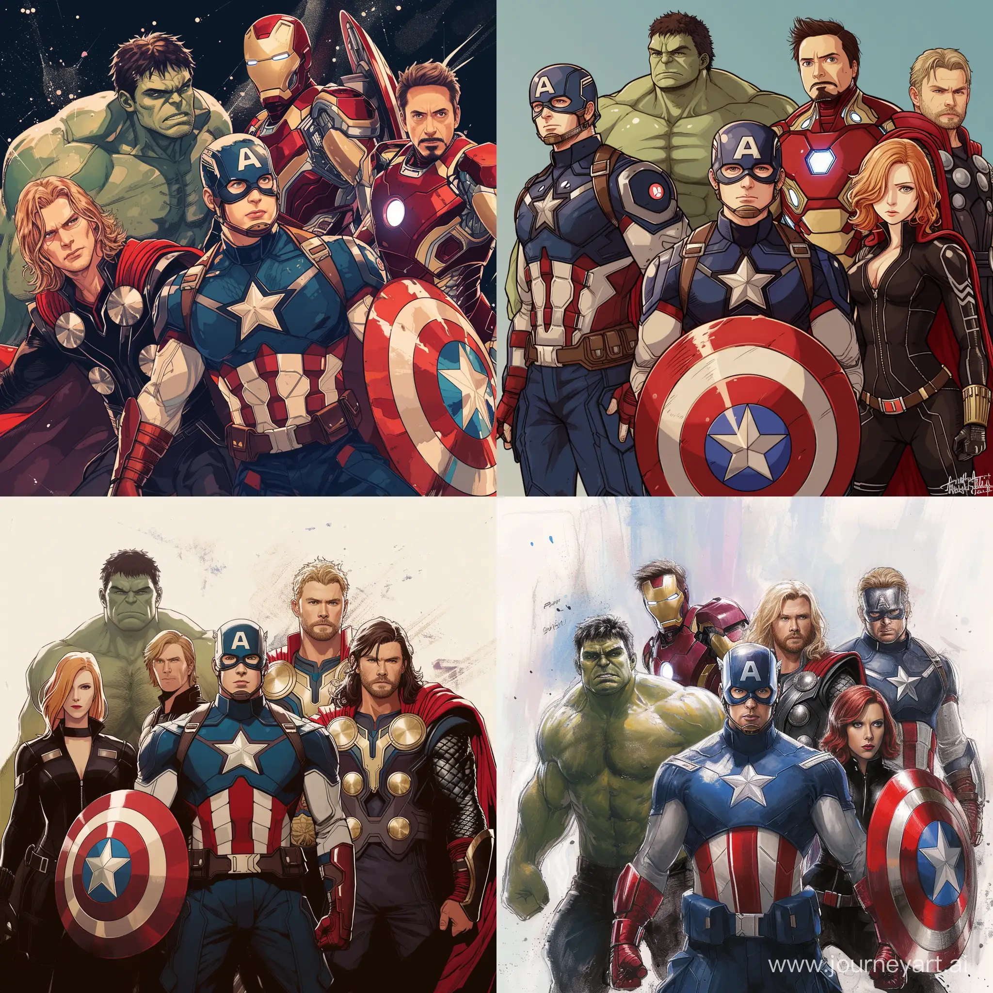 All 6 Avengers in their iconic 2012 movie pose in studio Ghibli art style 