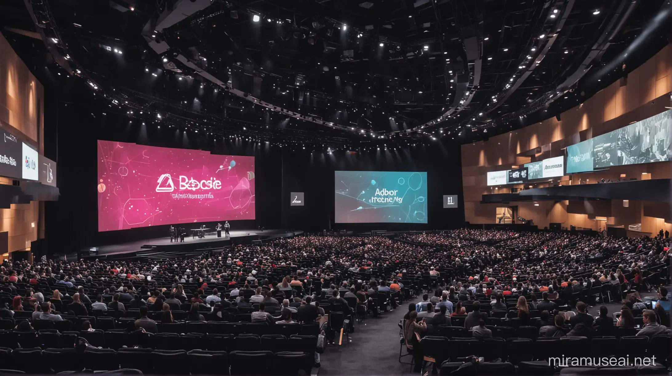 large tech conference from Adobe in Las Vegas with future technology in a futuristic auditorium