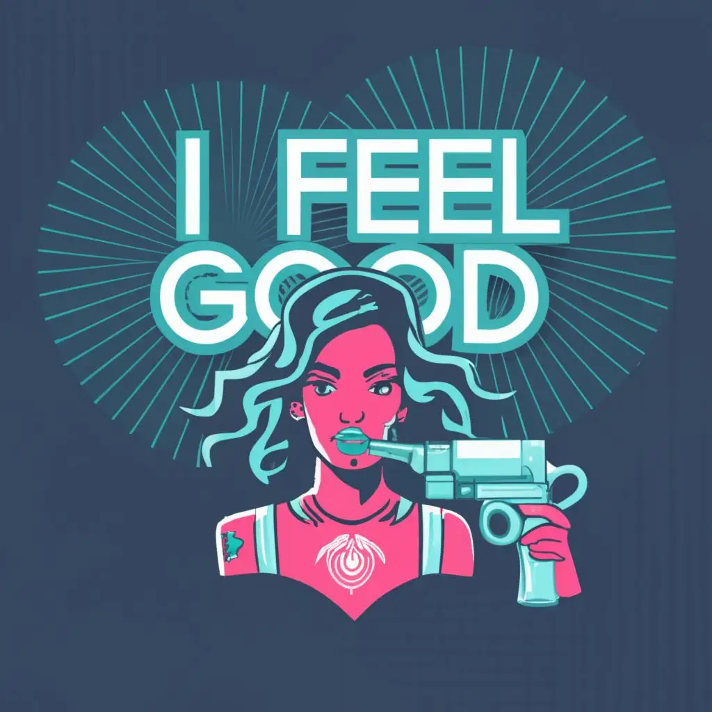 logo, neon colors, tattoo gun and lady, with the text "I feel good", typography, be used in Events industry