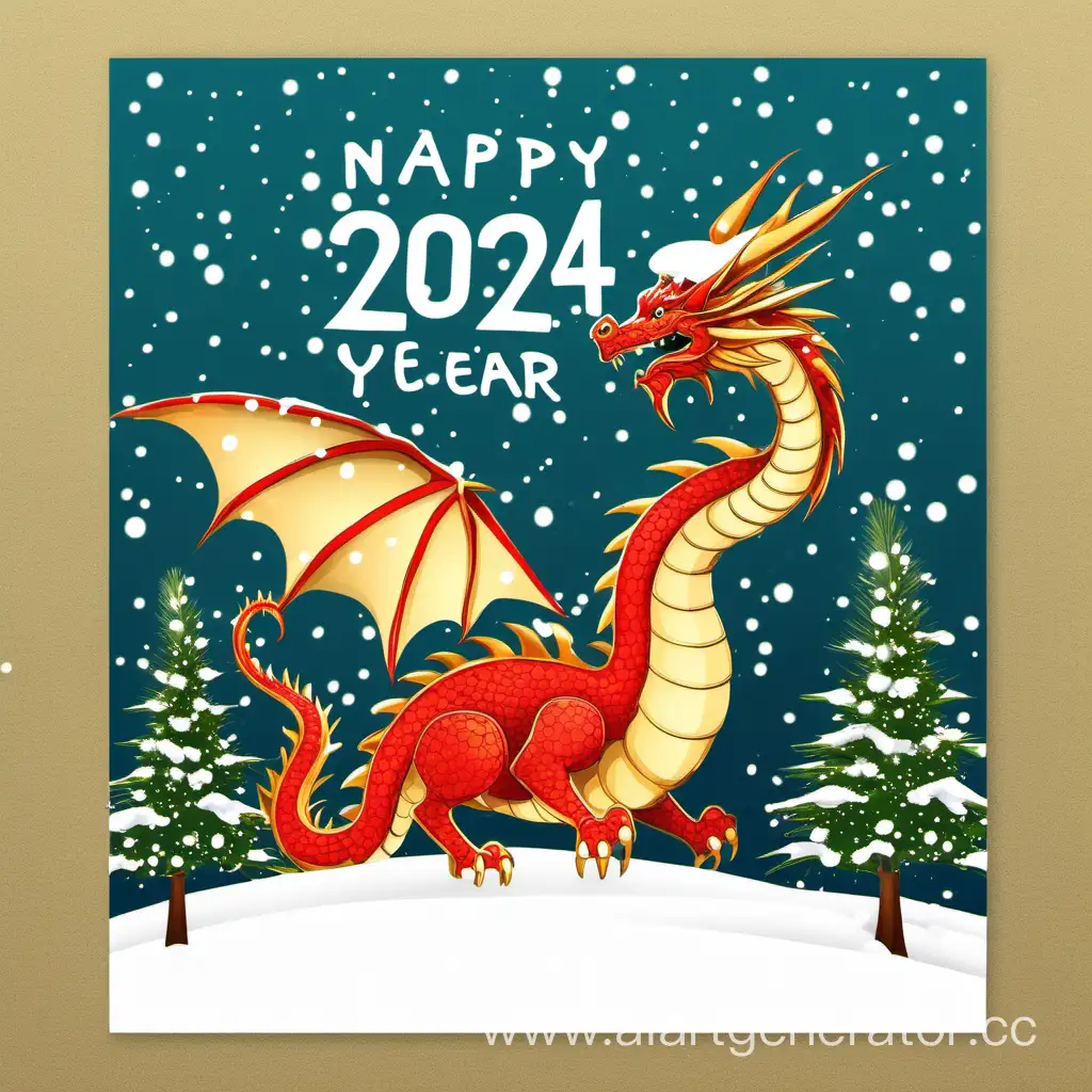 открытка говый год 2024 ёлка дракон подарки снегопад