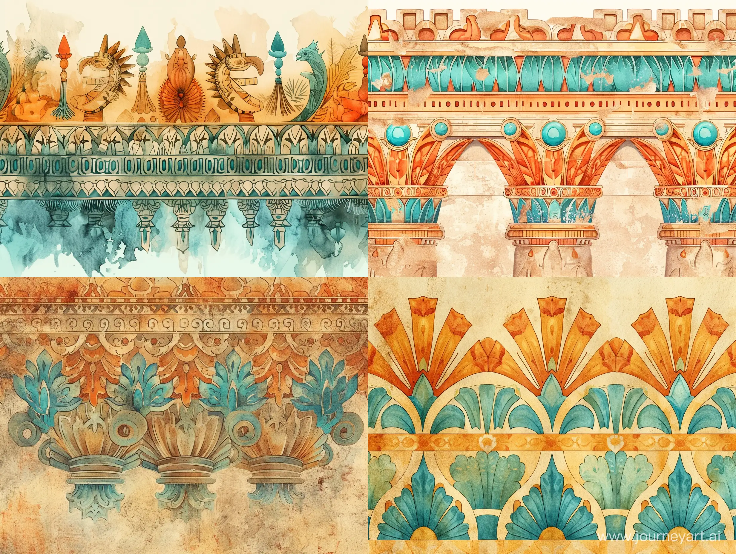 Ornamental background, Ancient civilizations, antique style, delicate colors, linear, many details, colors, ochre, orange, turquoise, light brown, blue stylized caricature, watercolor, decorative, flat drawing