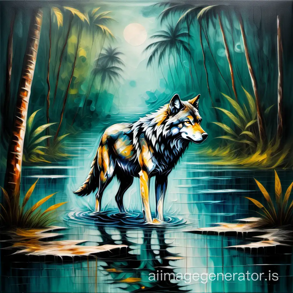 wolf walking on the water of the jungle grunge oil painting