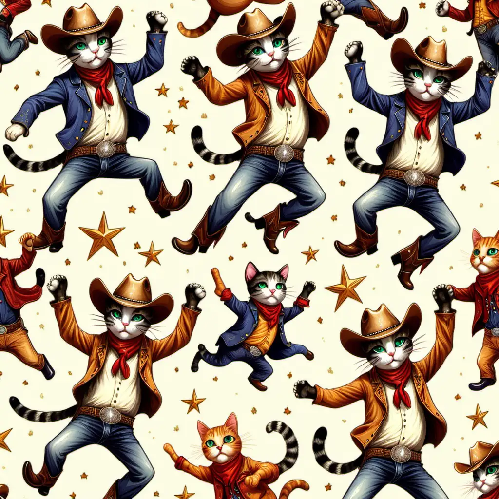 Playful Feline Cowboys in a Dancing Seamless Pattern