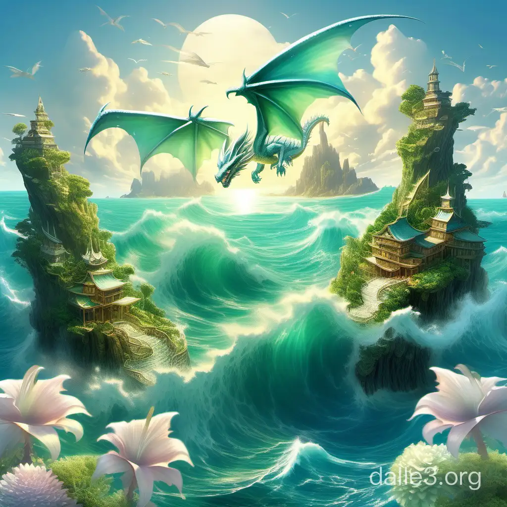 a flying island over a raging sea, foamy shiny waves, juicy greenery on the island, among it a beautiful flying mother-of-pearl young, better quality, 32k dragon