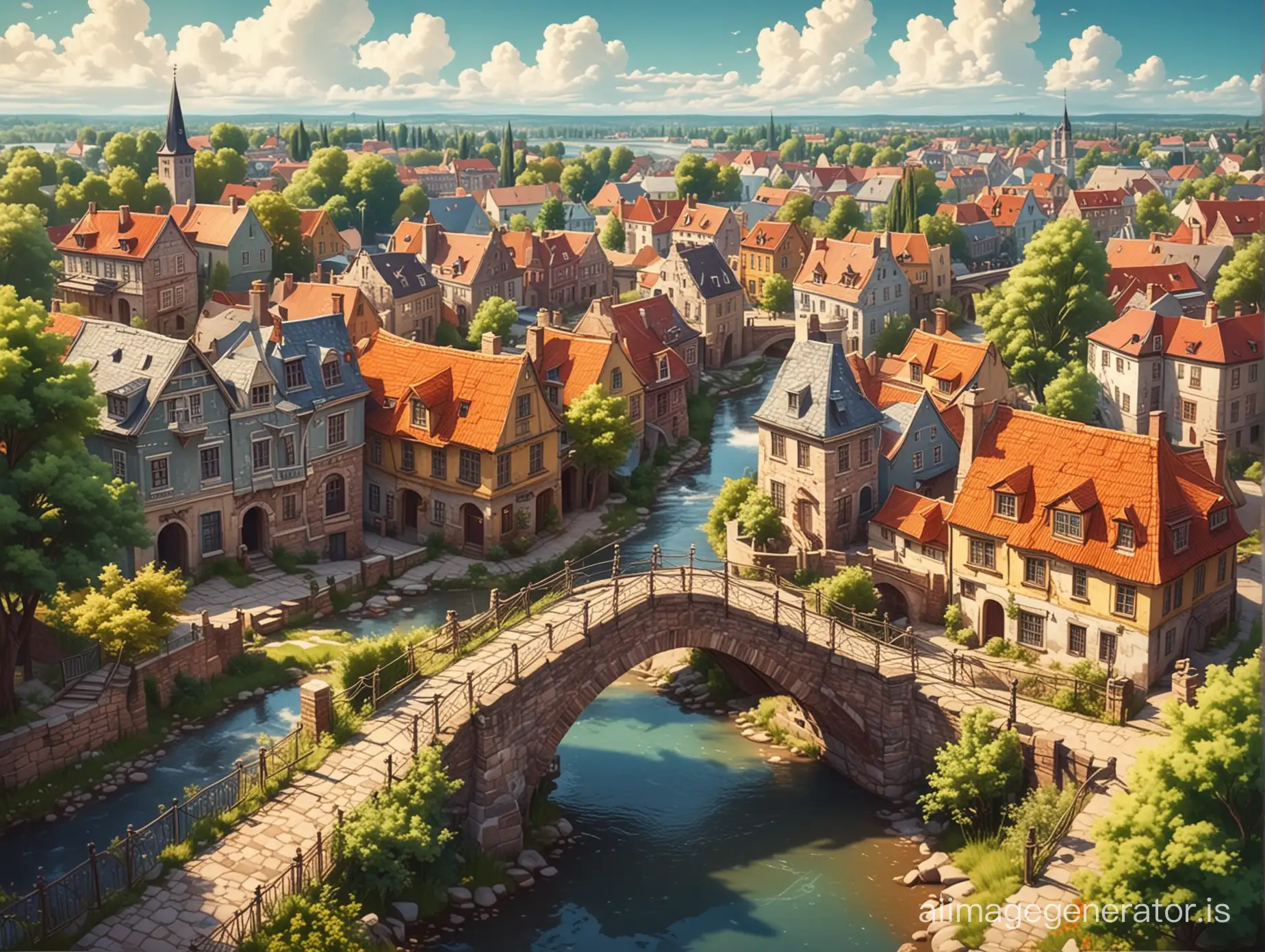 Beautiful old town top view, houses, trees, clouds, bridge over a stream, bright juicy stylized style, cartoon style