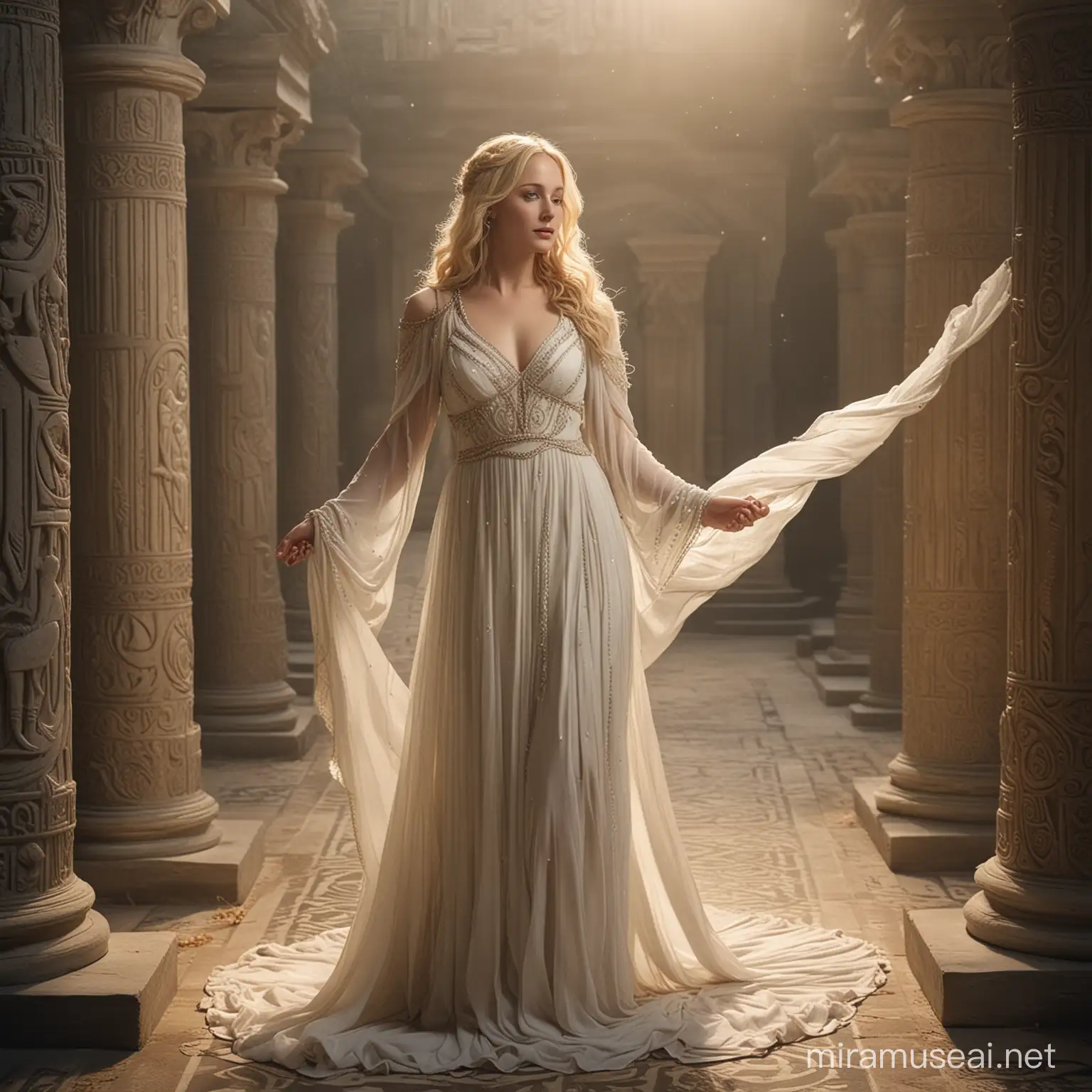 Masterpieced of Candice Accola as Ariadne in an ethereal, dreamlike setting, intricate labyrinth background, flowing Greek dress, ancient Greek mythology, mystical atmosphere, soft and warm lighting, high quality, detailed, ethereal, dreamlike, ancient Greek mythology, flowing dress, intricate details, mystical, soft lighting, atmospheric, professional
