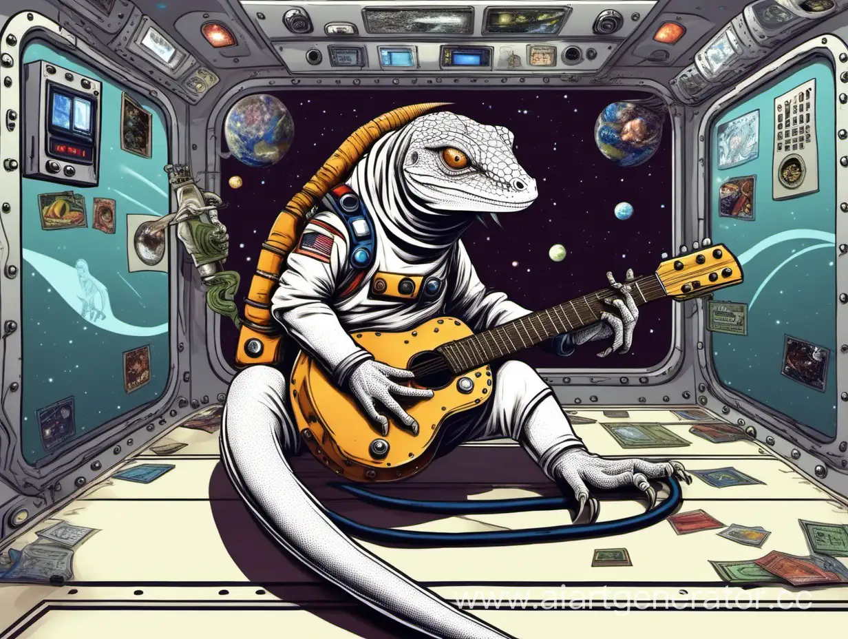 Слепой белый человек-ящер на космической станции сидит на полу играя на гитаре чтобы заработать на операцию