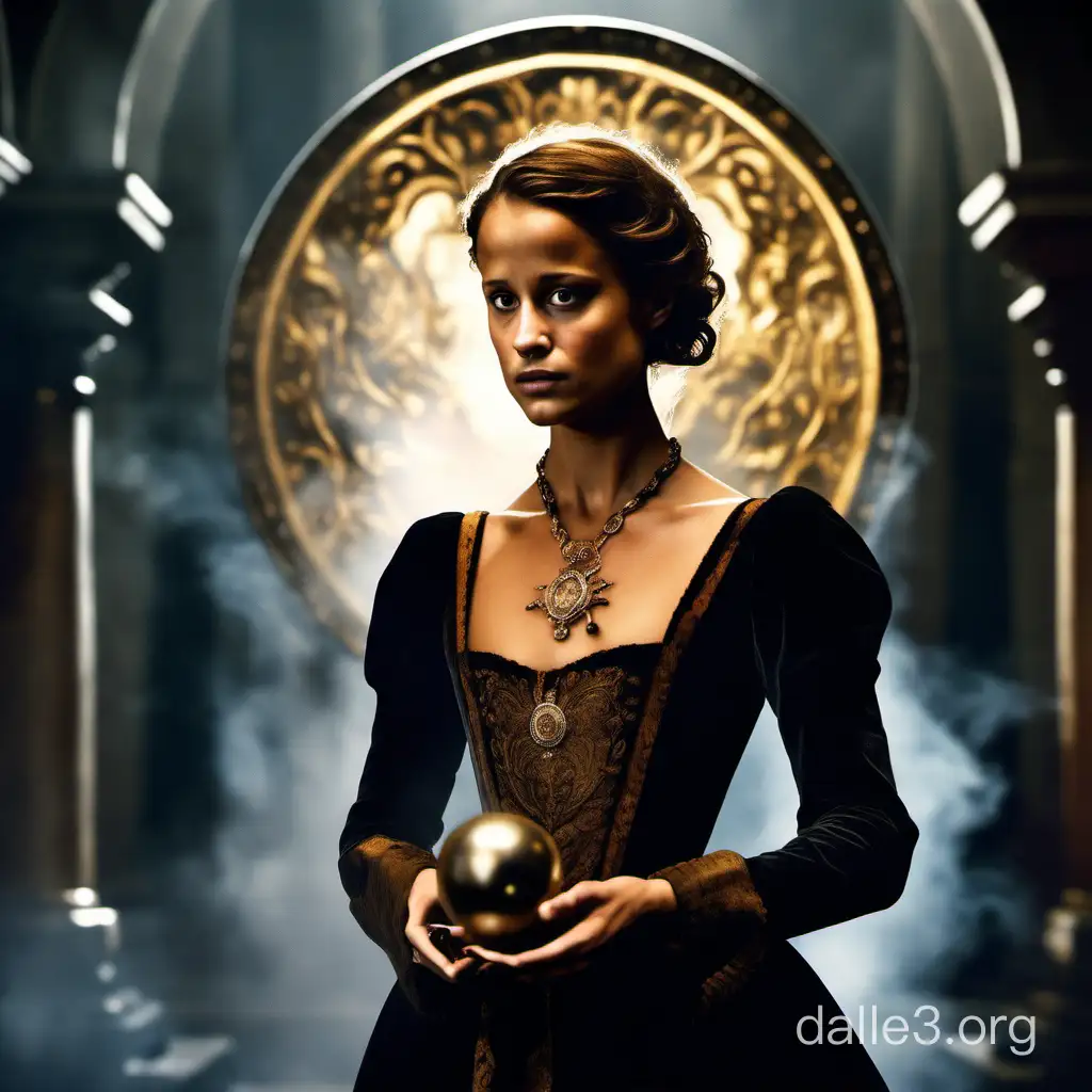 Магистр магии Алисия викандер в закрытом под горло старинном бархатном черно-золотом платье 17 века колдует огненный шар. Каштановые волосы, светлая кожа. На шее медальон с волчьей головой и жемчужное ожерелье. Высокая грудь. Фотореализм 
