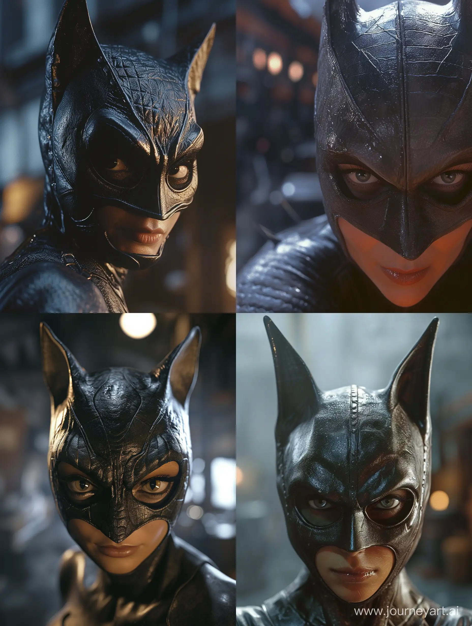 a close-up of  realistic catwoman 1989 costume,  the opening for the eyes and lower part of the face. The character's expression is serious or stern, consistent with the typical portrayal of Batman as a determined and intense superhero. The costume appears to be made of a material that mimics the texture of leather,  readiness to face danger. The lighting is dim, suggesting a dark or nighttime setting, which is characteristic of the Gotham City environment where catwoman often operates. The background is blurred and not clearly discernible, but it seems to be a gloomy and possibly industrial setting, adding to the overall dark and gritty atmosphere often associated with catwoman media.
