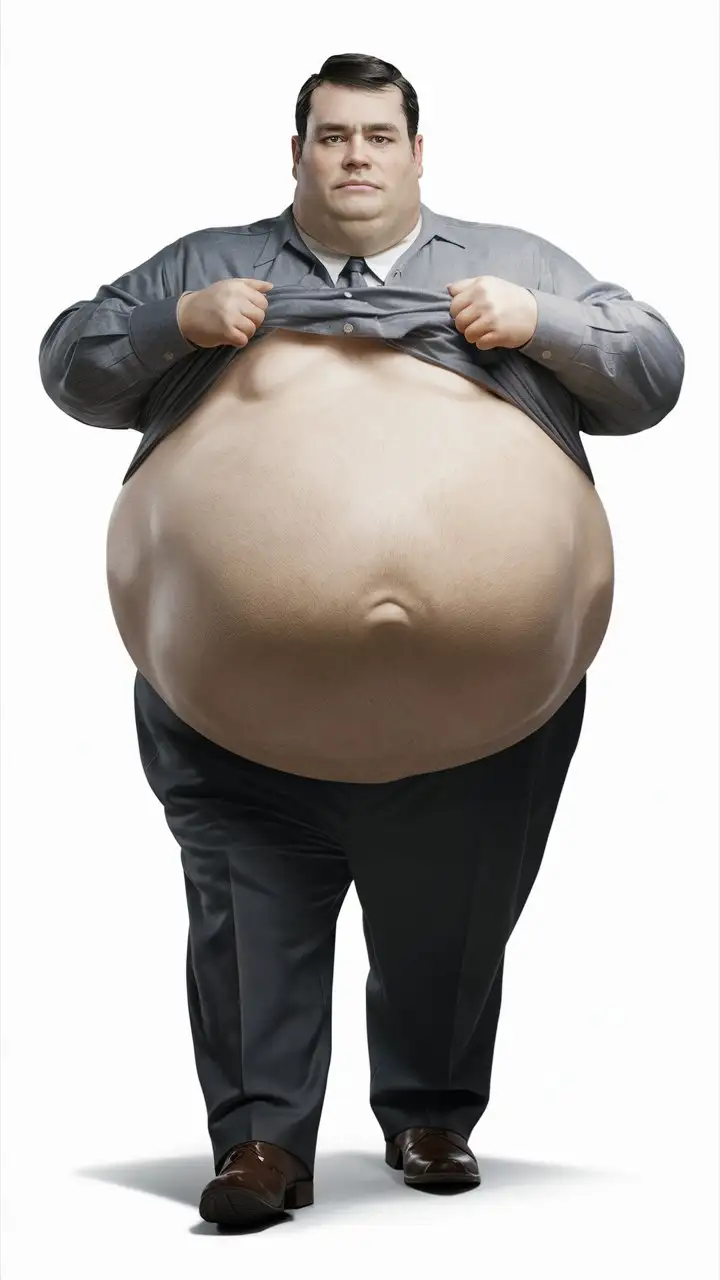 Craft an image of a stylized, imposing male figure standing squarely on a scale, emphasizing his substantial belly, which is exposed beneath a lifted gray shirt. The belly should be a focal point, round and protruding, with realistic skin texture and shadowing that conveys weight. He wears business-casual attire, and his expression is neutral, with a slight furrow to his brows, conveying a serious mood, accentuating its prominence. 
