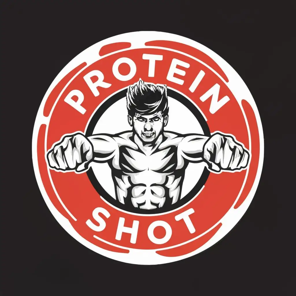 logo, boxing champion in centre round logo, with the text "protein shot", typography