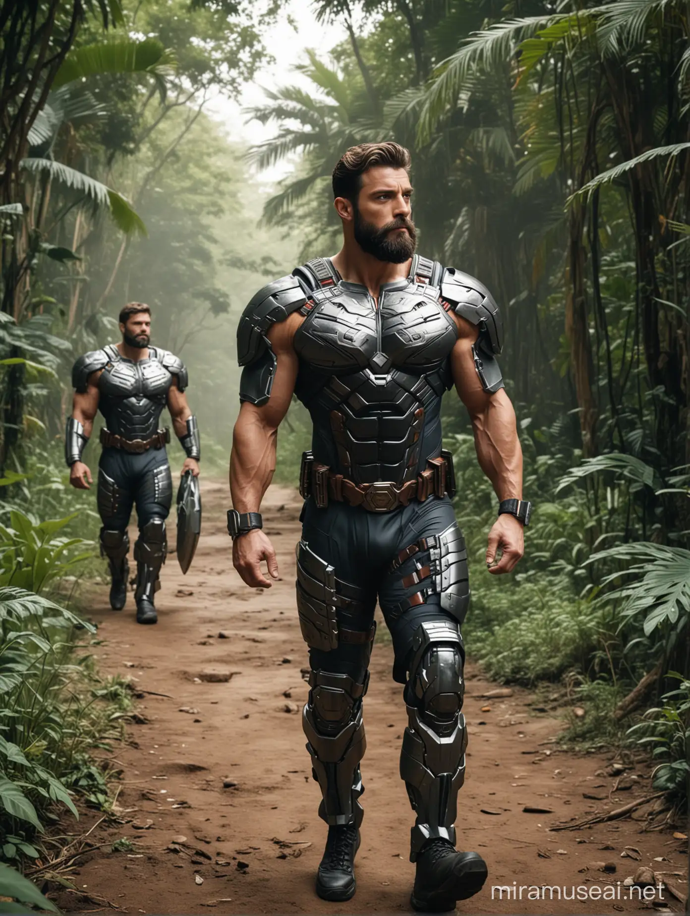 Tall and handsome muscular Supermen with beautiful hairstyle and beard and Big wide shoulder and chest in modern High tech armour suit walking in jungle 