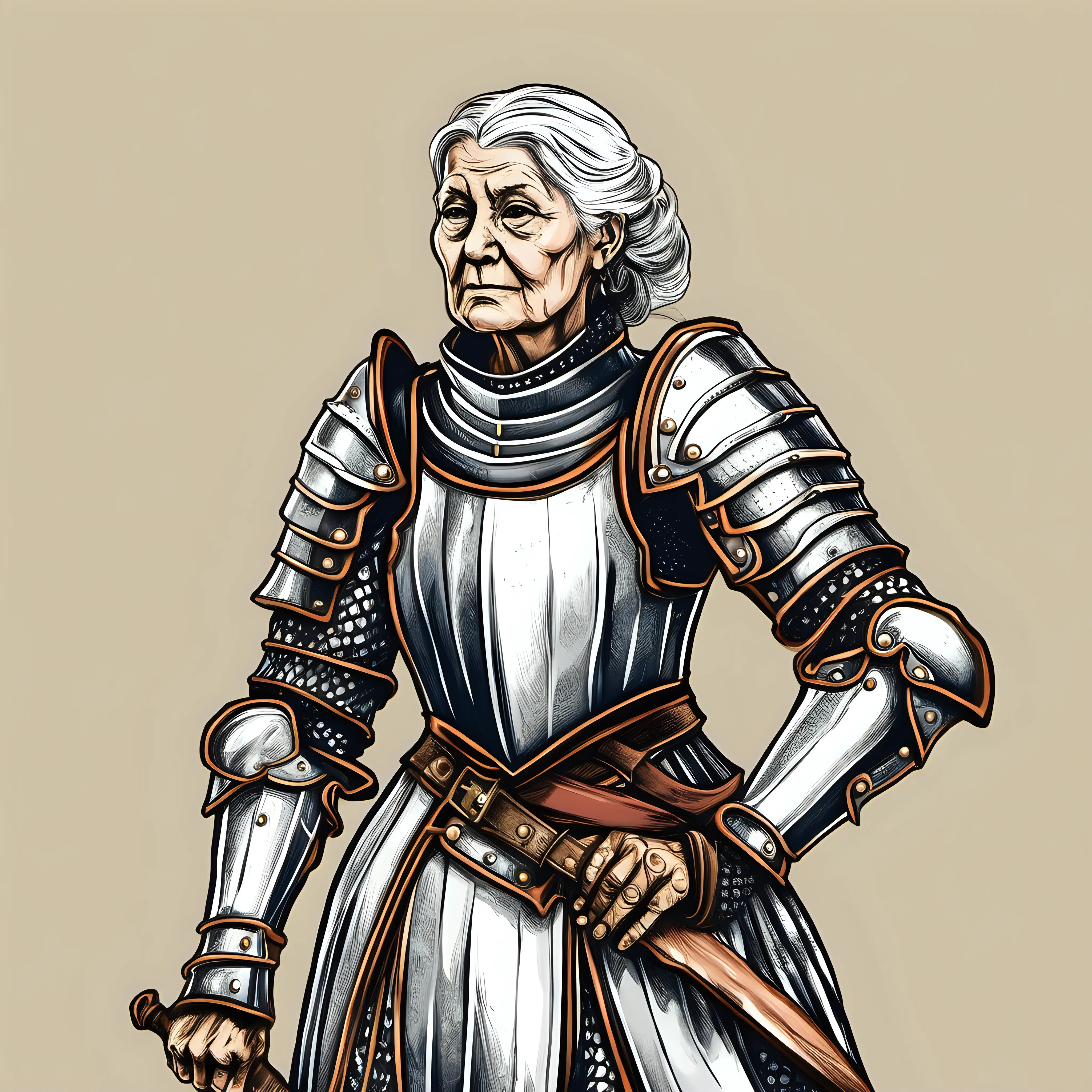 historical landsknetch elderly female wearing 
historical plate armor in hand drawn style

