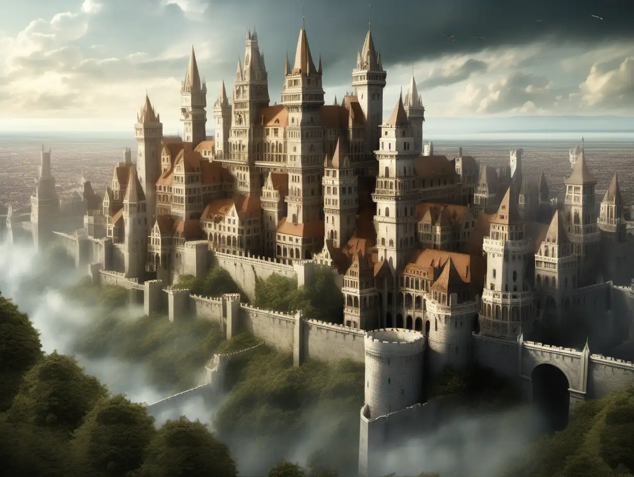 An image of a huge fantasy city and castle, grand, beautiful, the capital of this world, high walls, simple houses and a royal keep on top, in a detailed fantasy style 