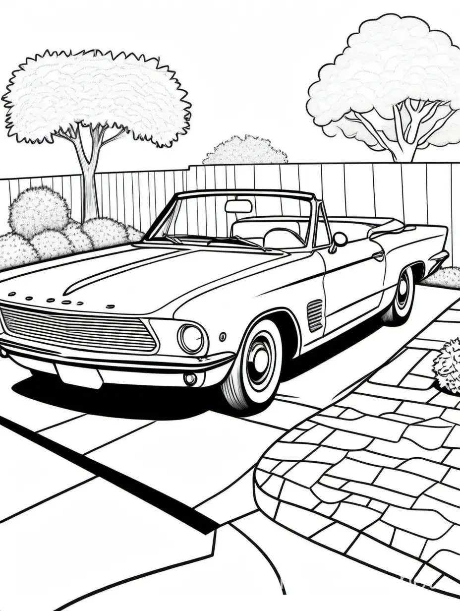 60's convertible car by garage , Coloring Page, black and white, line art, white background, Simplicity, Ample White Space. The background of the coloring page is plain white to make it easy for young children to color within the lines. The outlines of all the subjects are easy to distinguish, making it simple for kids to color without too much difficulty
