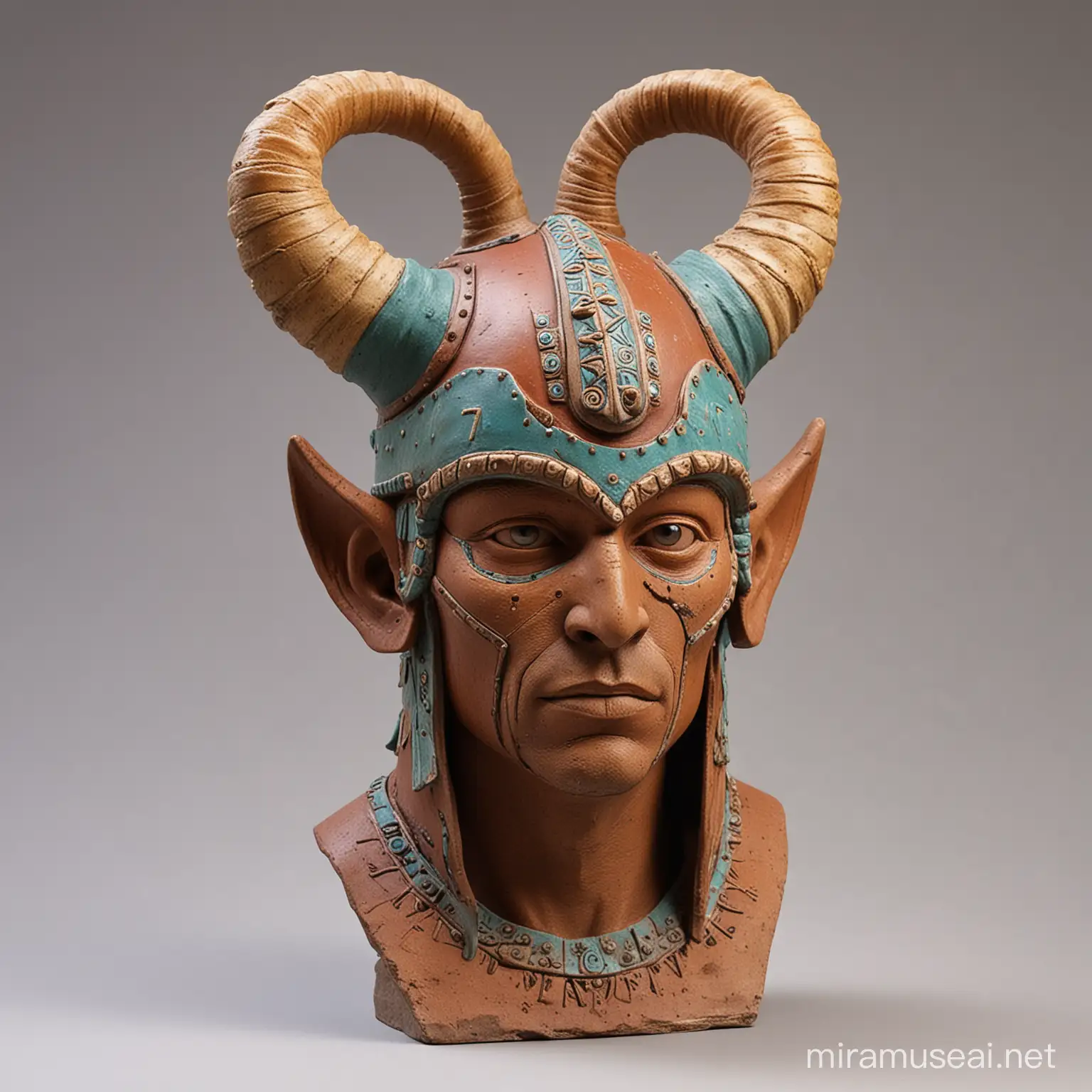busto, escultura , guerrero , casco con cuernos, primitivo, ceramica, colores 

