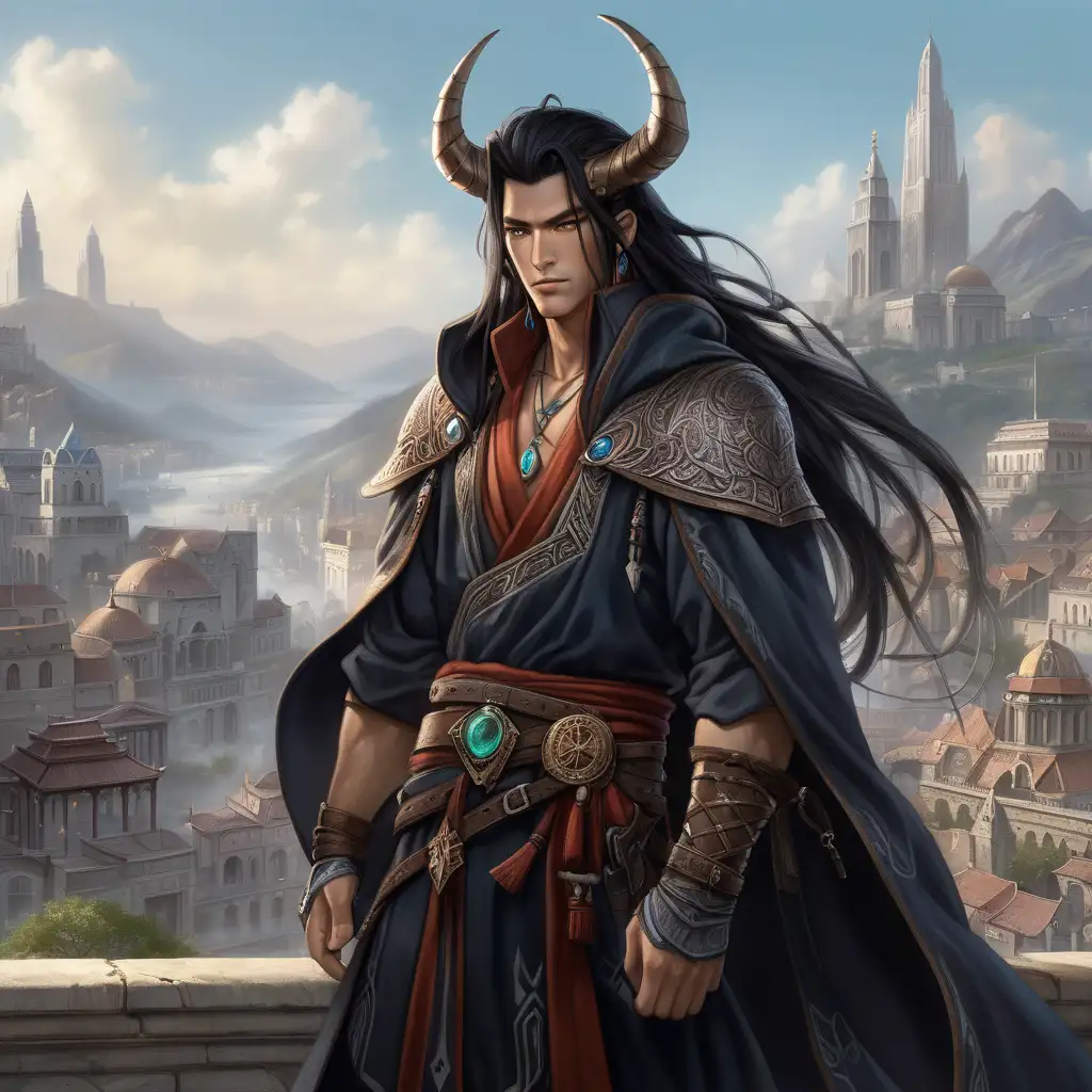 Mystical Adventurer with Horns Embarks on Epic City Quest