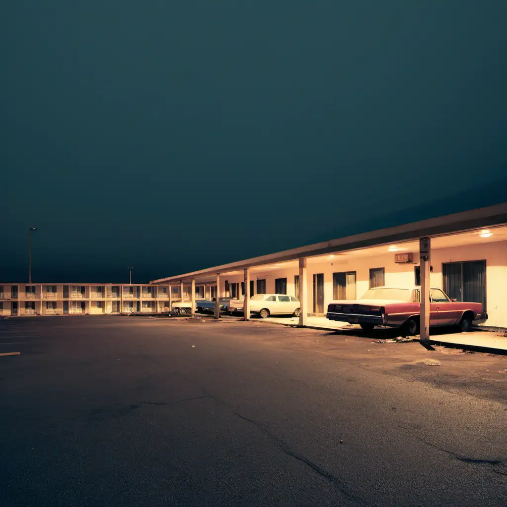 Erstelle mir ein Bild von einem Autobahn Motel am Abend, welches sehr verlassen und heruntergekommen ist. Vor dem Motel sind viele Autos geparkt