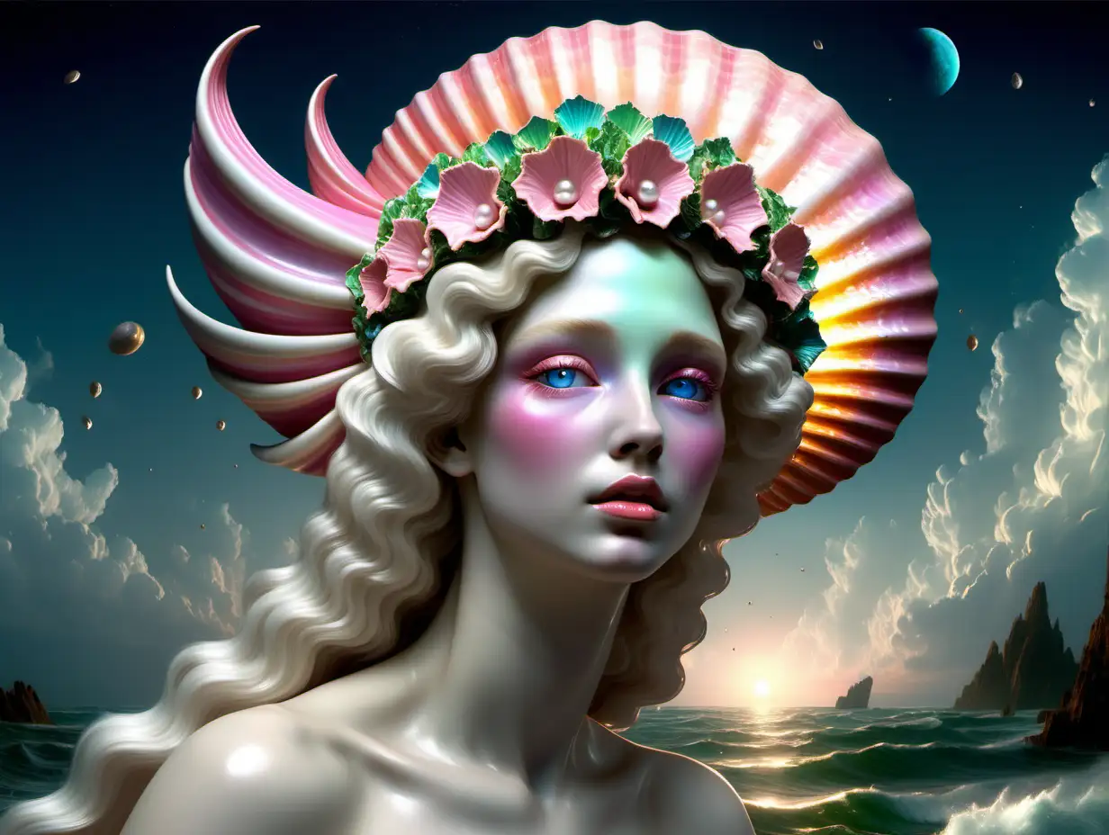 Futuristic Birth of Venus Goddess Embracing Twin in Rainbow Pastel Splendor