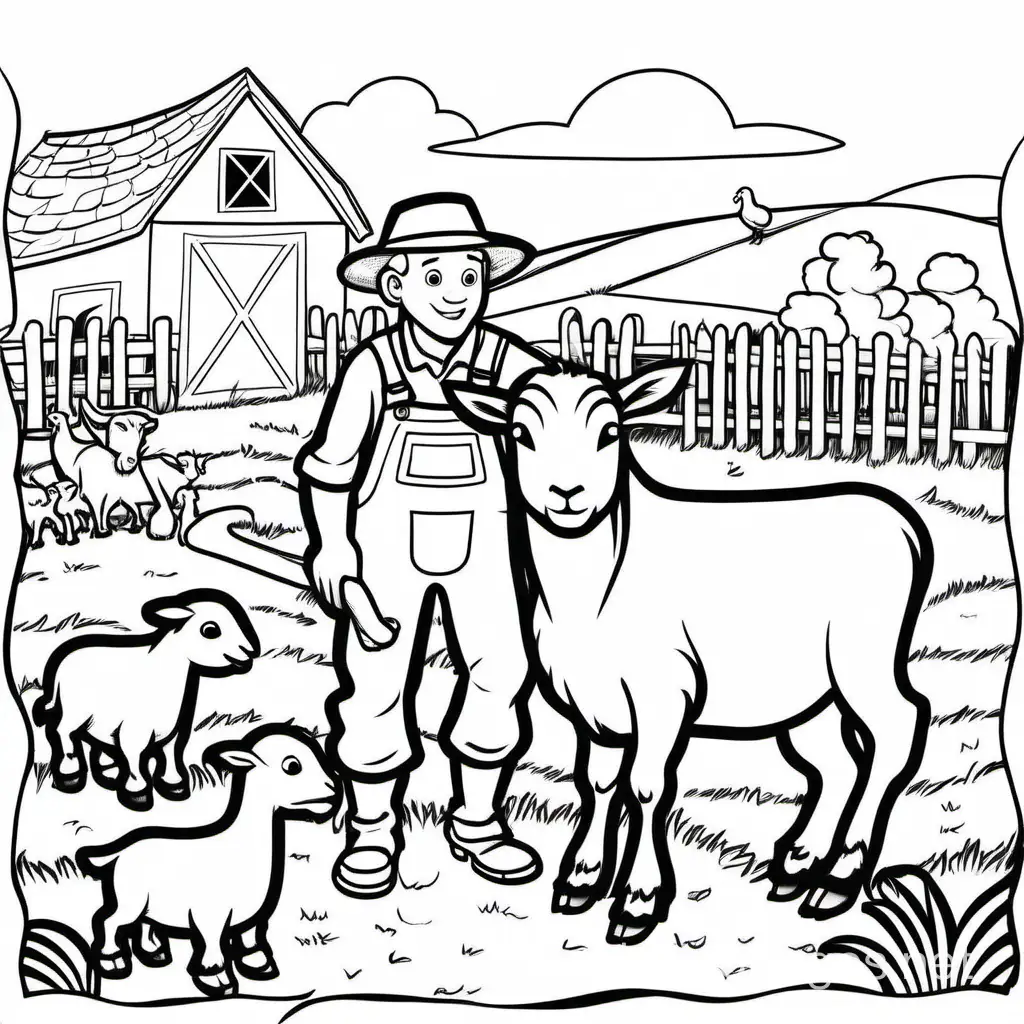 Farmer in a farm with goat, cow, sheep,chicken, Coloring Page, black and white, line art, white background, Simplicity, Ample White Space. The background of the coloring page is plain white to make it easy for young children to color within the lines. The outlines of all the subjects are easy to distinguish, making it simple for kids to color without too much difficulty