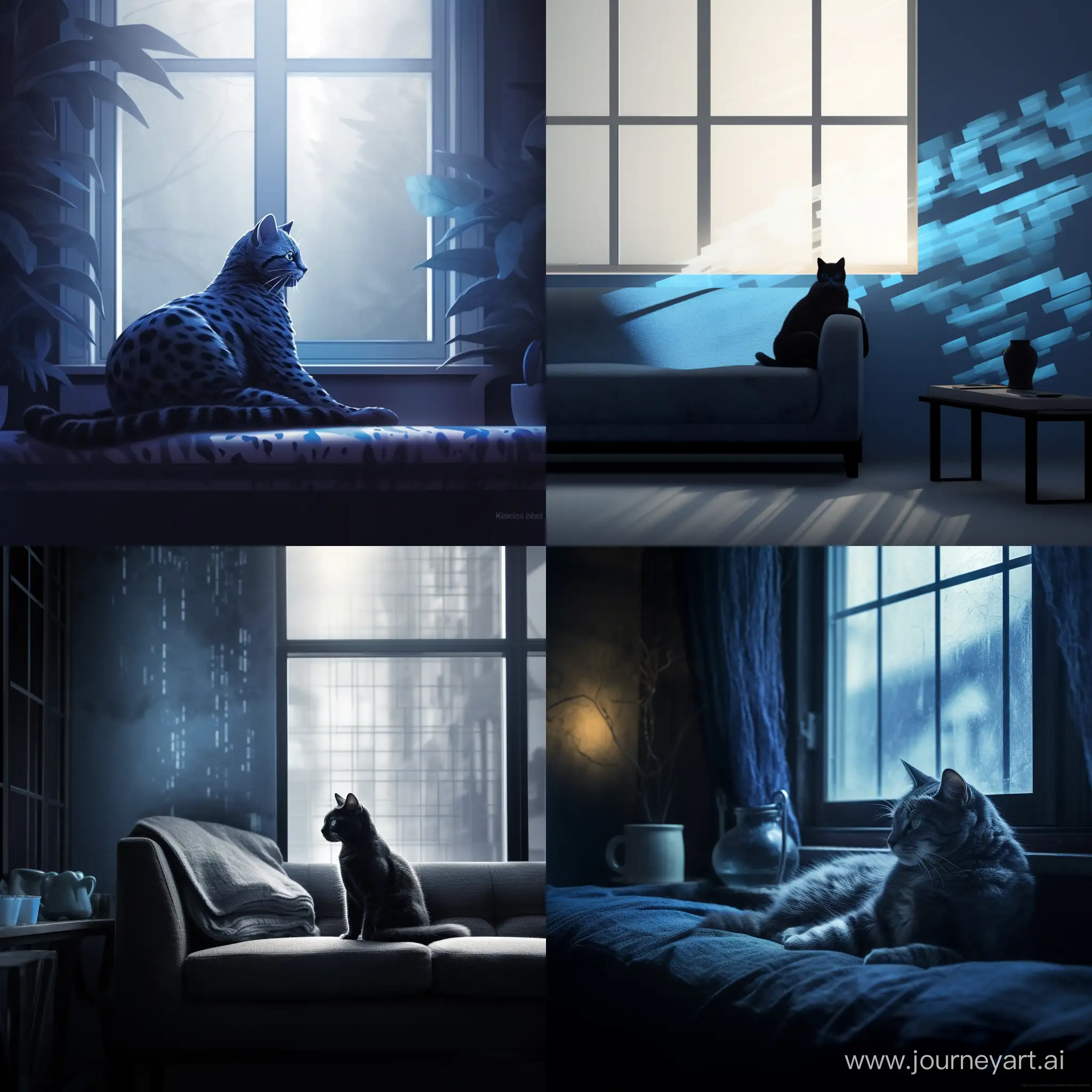 2D минимализм, голубая кошка с черными узорами лениво разлеглась на фоне окна, мягкий свет проникает через окна отбрасывая блики на кошку