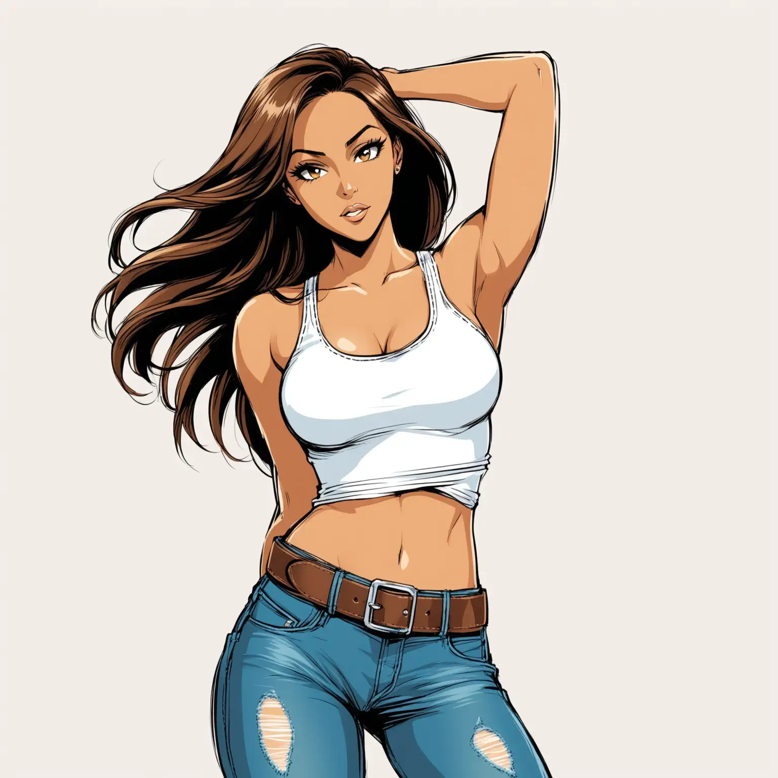 Fashionable Woman Removing White Tank Top to Reveal Black Bra in Comic Book Style