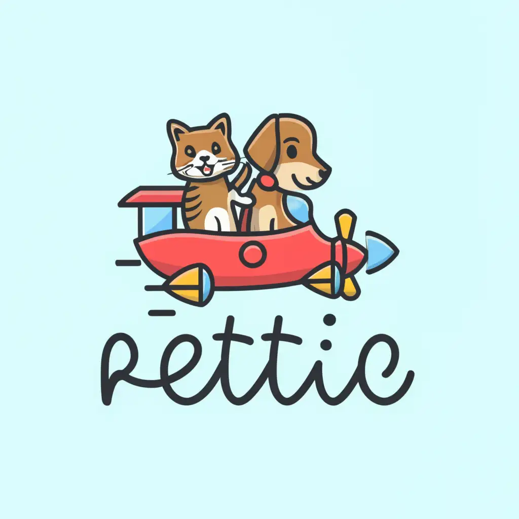 a logo design,with the text 'Pettie', main symbol:cat and dog transportation by plane, fun ,Moderate,clear, round
