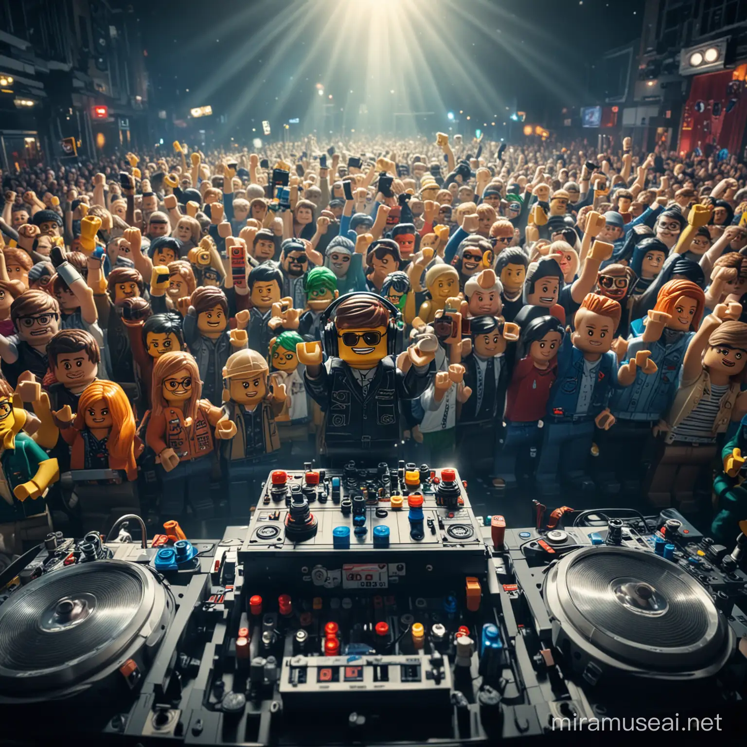 Lego city. A dj party at a disco with lights and laser show, the crowd is cheering and dancing.the camera is behind the dj. Fish-eye lens.