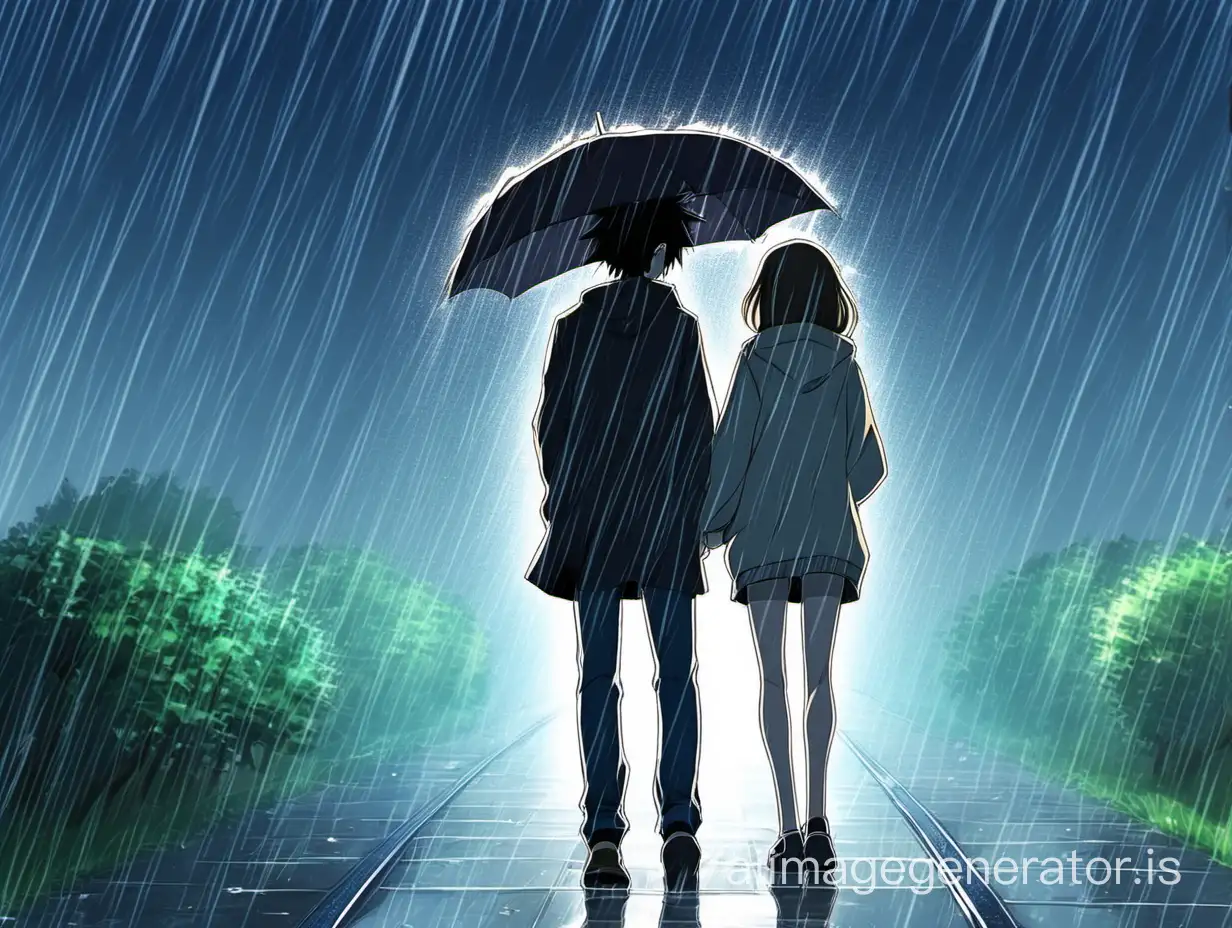 Anime Couple Enjoying a Rainy Day with Umbrellas | AI Image Generator