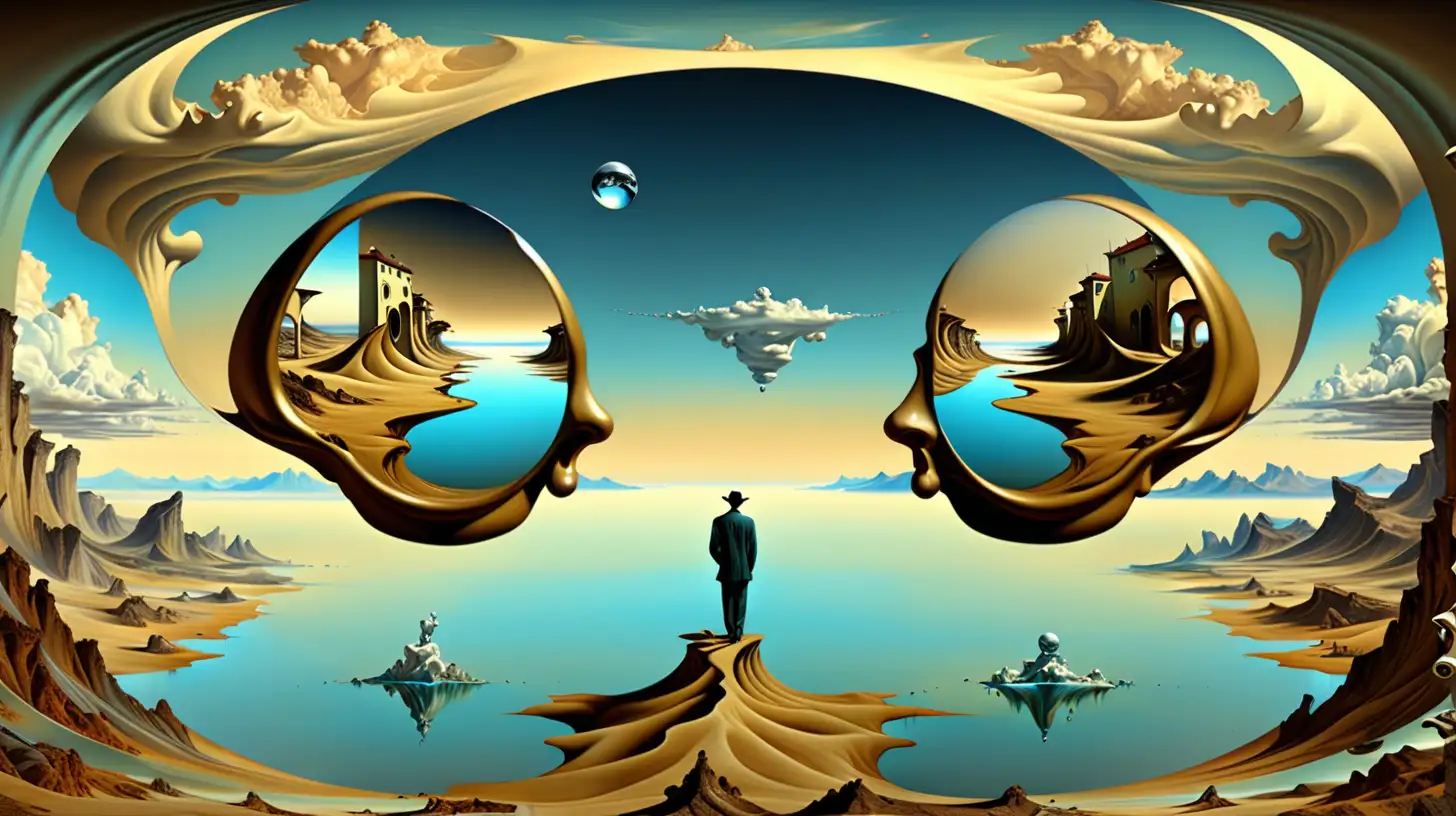 in the style of Dali, open mind, vista, expanse, infinite horizon, trippy style, sureal style