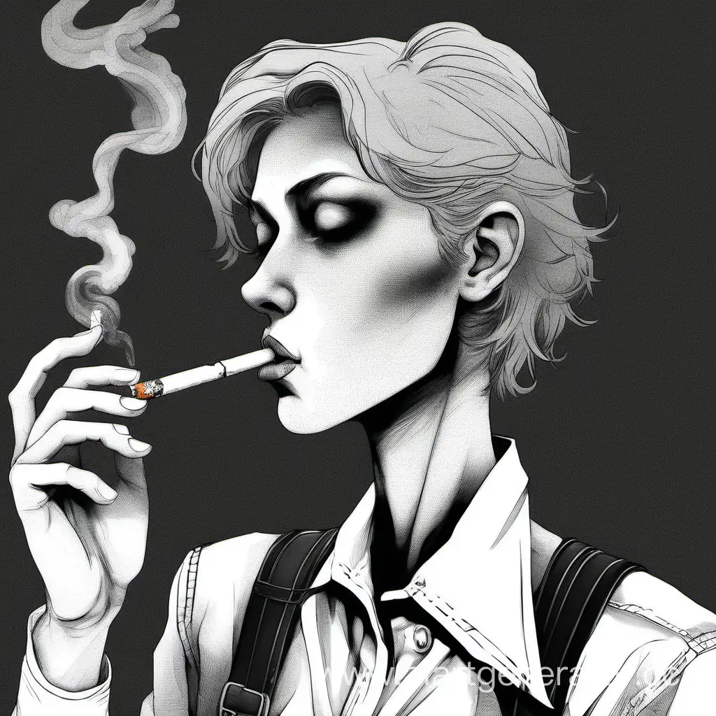 Тянка 2D выдыхает сигаретный дым держа в руке сигарету