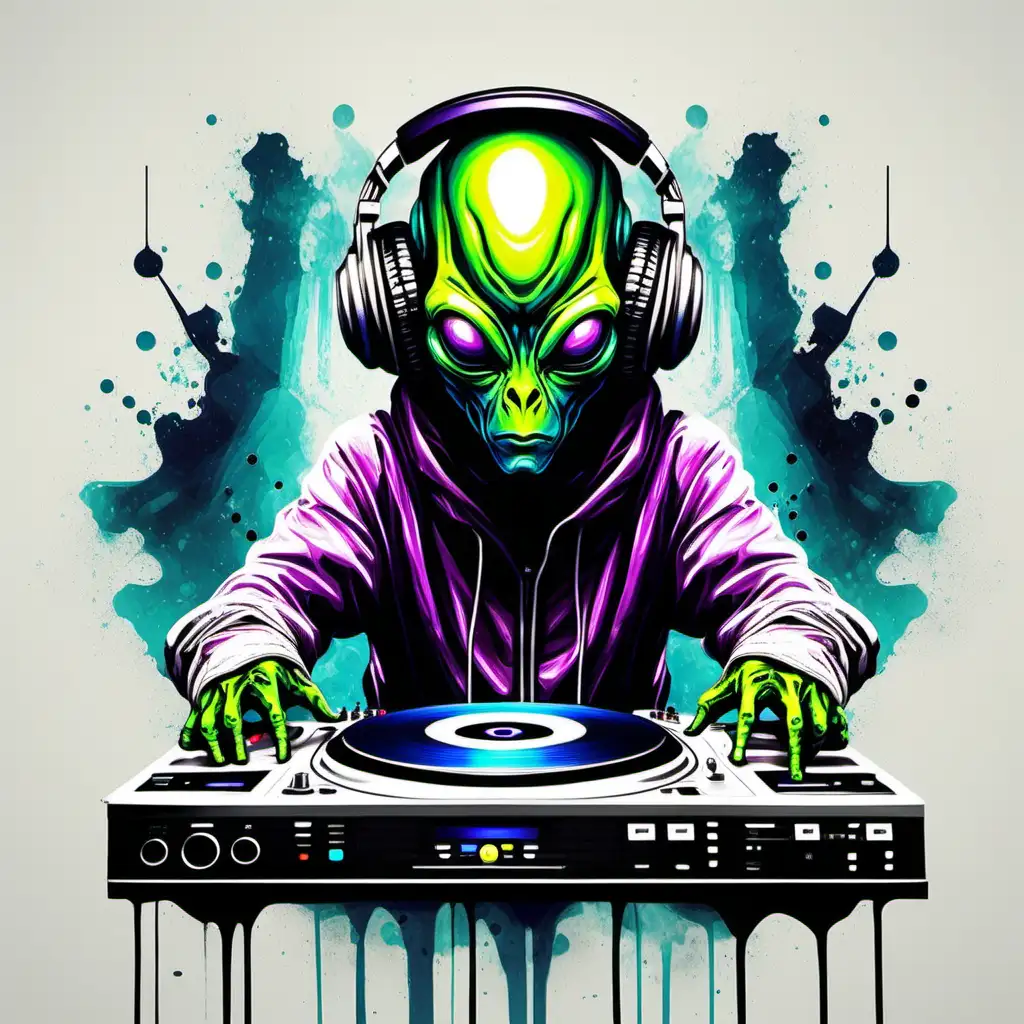 create an abstract oil painting of an alien as a DJ with white background 